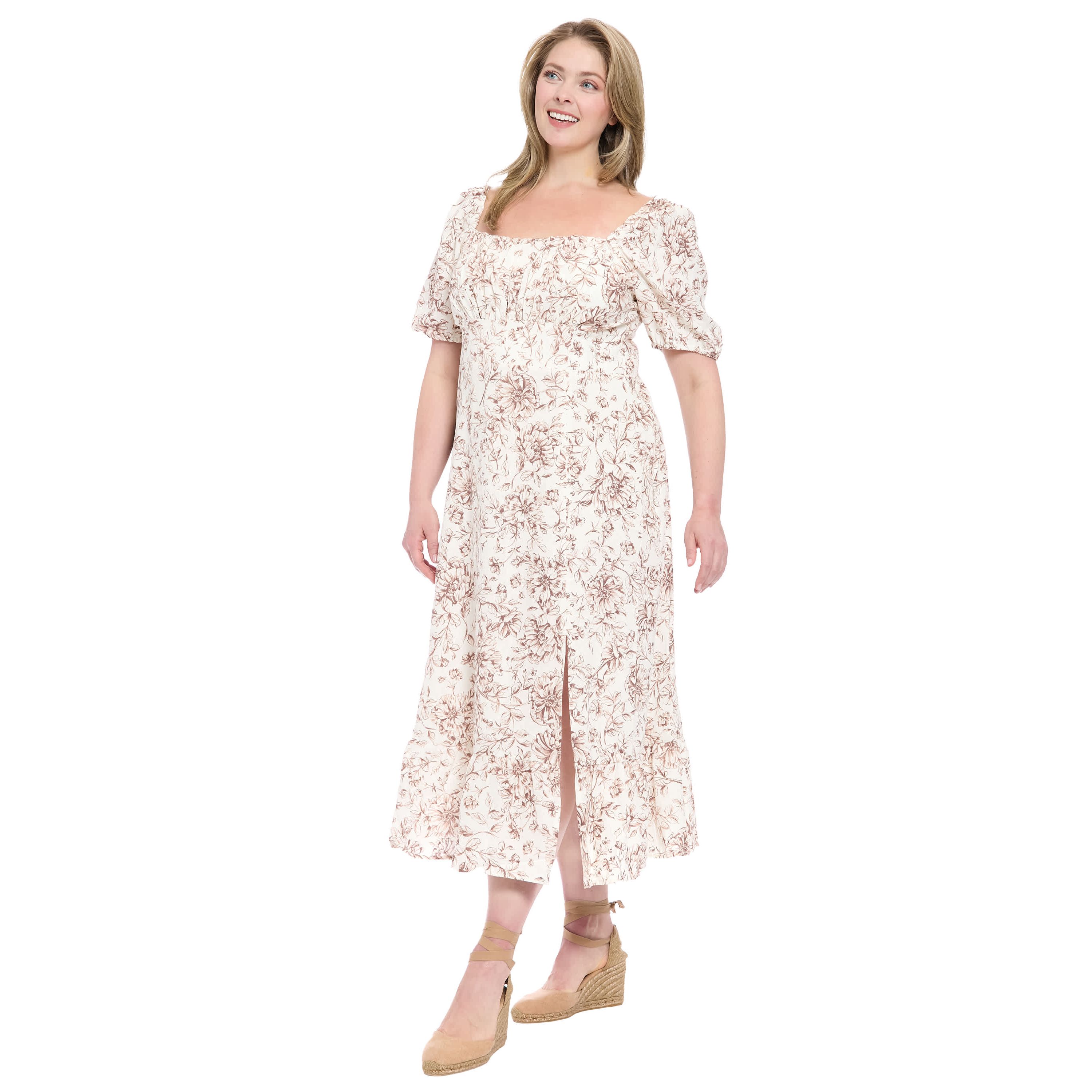 Puff Sleeve Square Neck Midi Dress