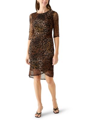Connected Apparel Women's Animal Print Mesh Side-Tuck Dress, Brown, 14