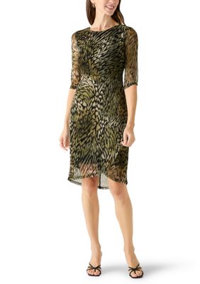 Connected Apparel Women's Animal Print Mesh Side-Tuck Dress, 14