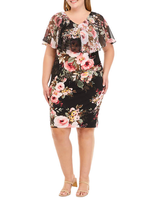 Connected Apparel Plus Size Chiffon Cape Sleeve Floral