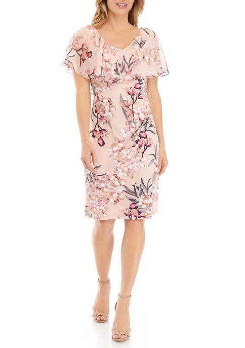 Connected Apparel Womens Cape Sleeve Floral Chiffon Dress