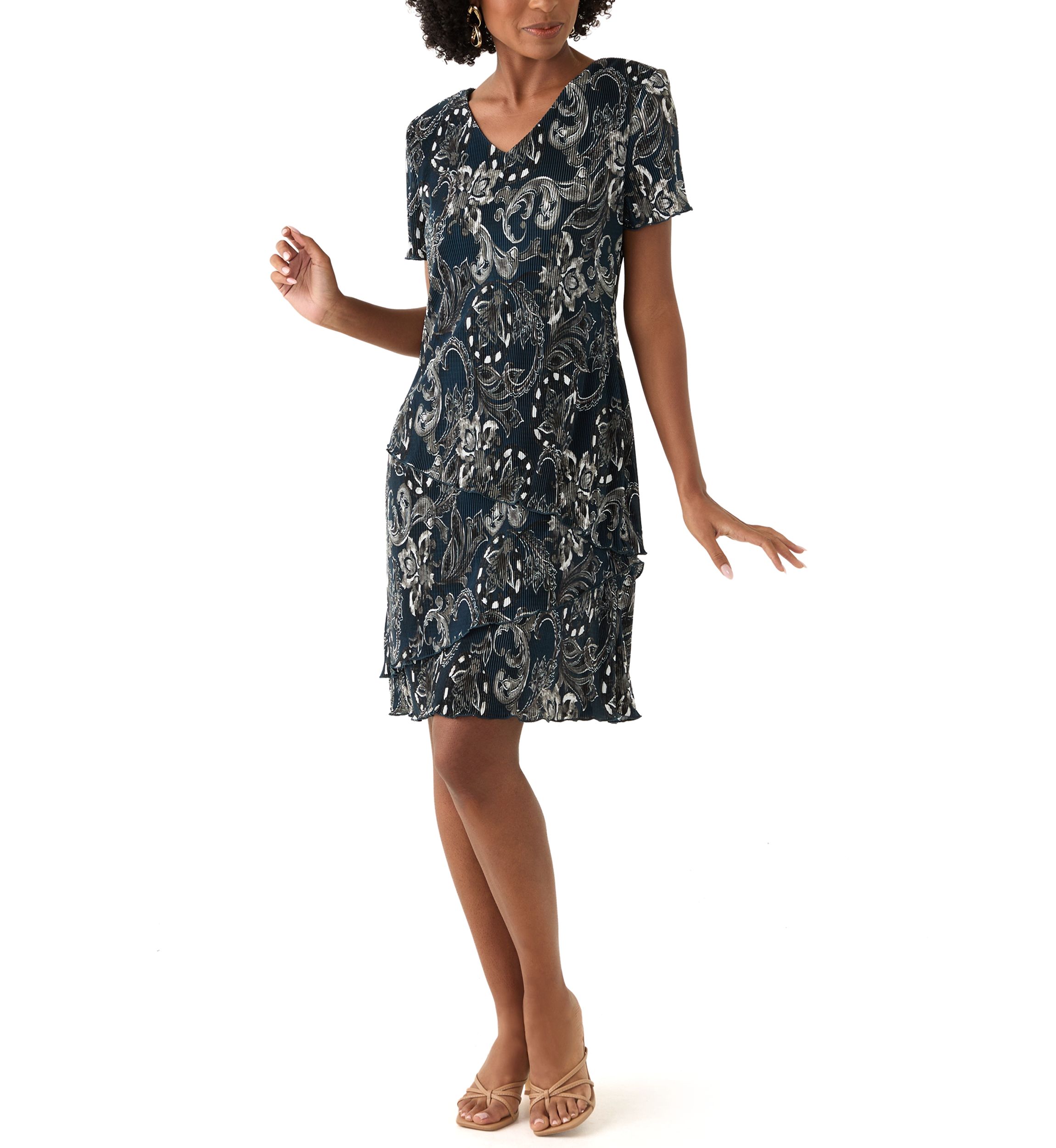 Womens V-Neck Paisley Print Crepe A-Line Dress