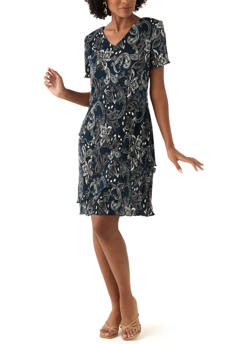 Womens V-Neck Paisley Print Crepe A-Line Dress