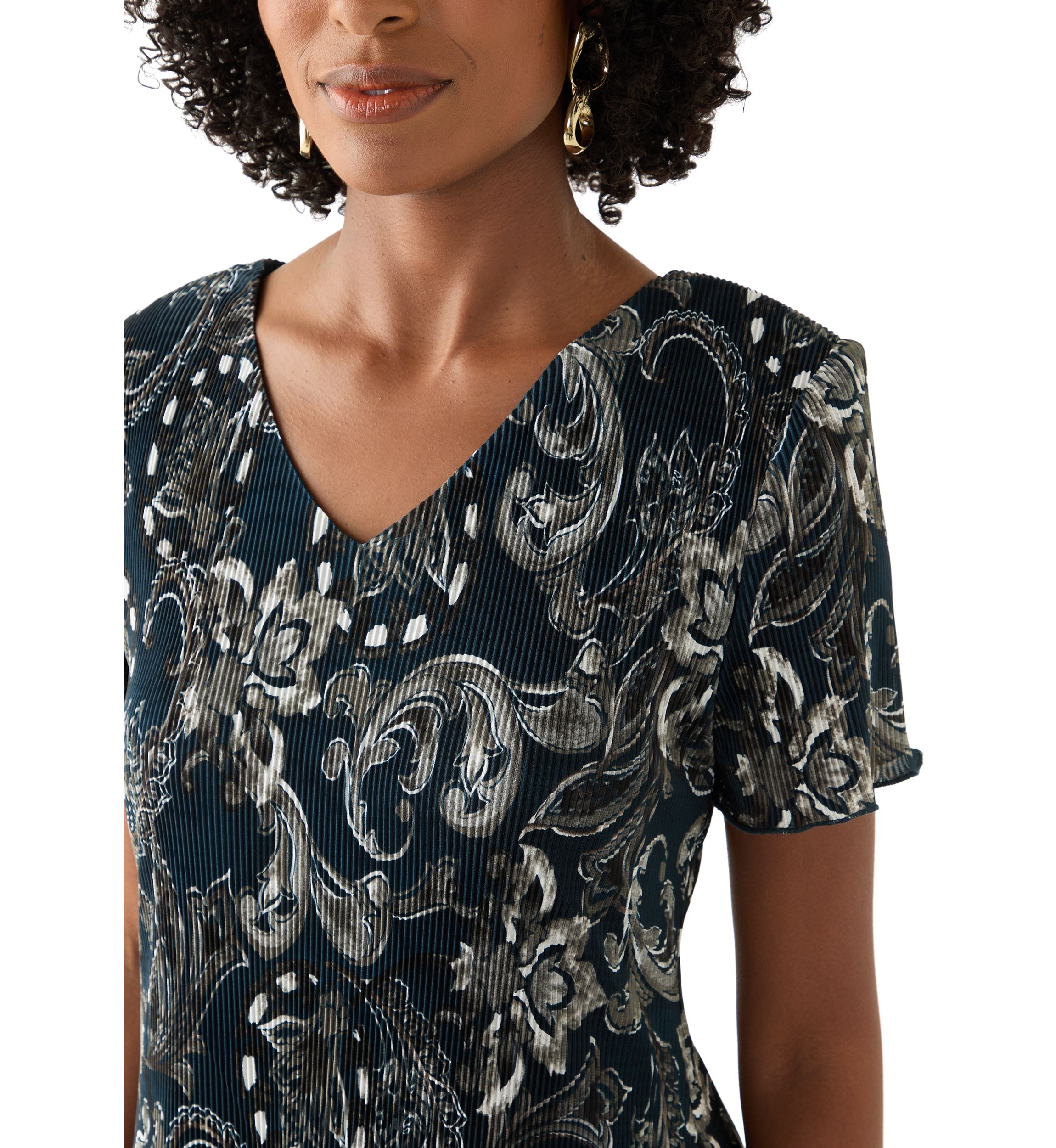Womens V-Neck Paisley Print Crepe A-Line Dress