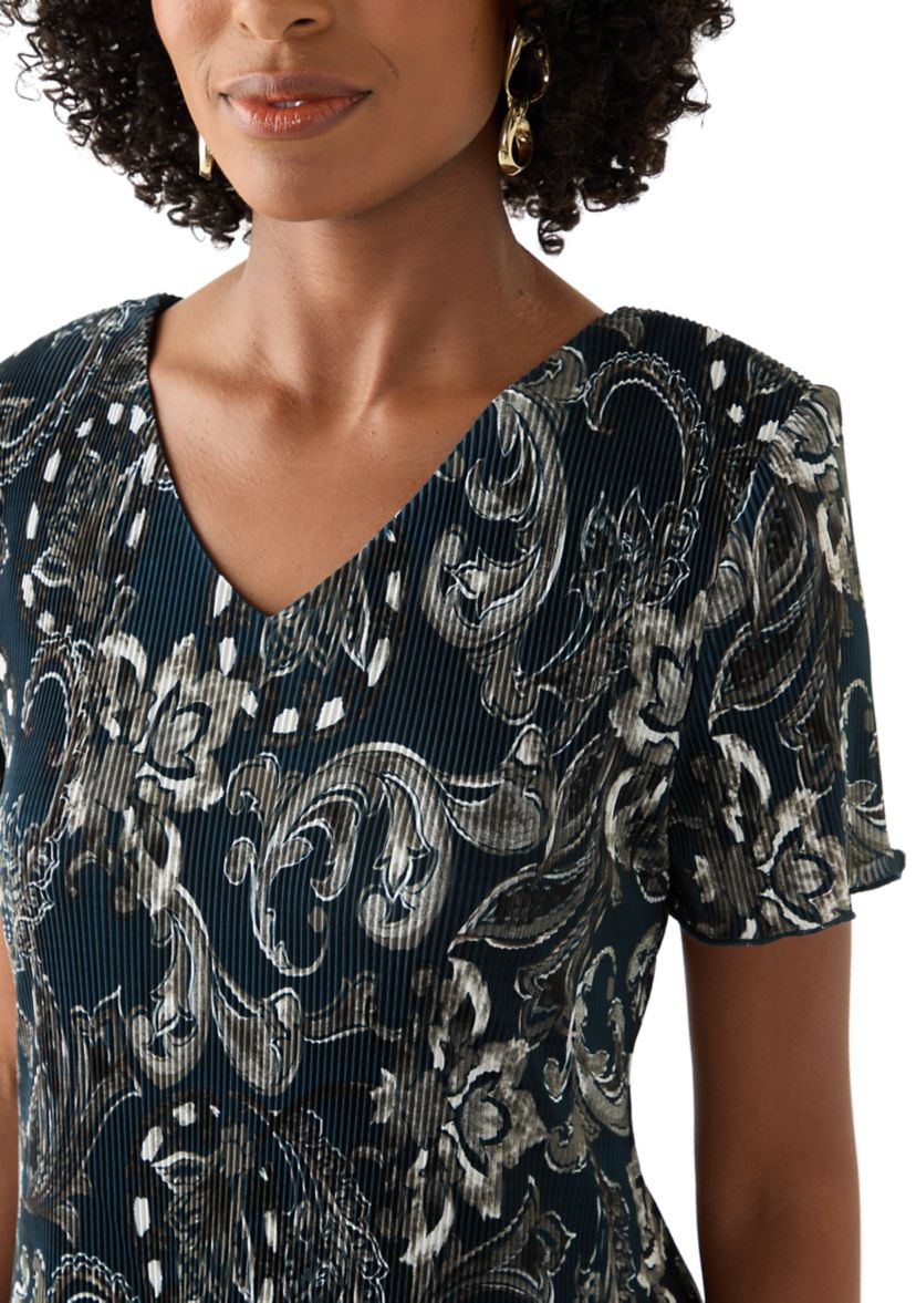 Womens V-Neck Paisley Print Crepe A-Line Dress