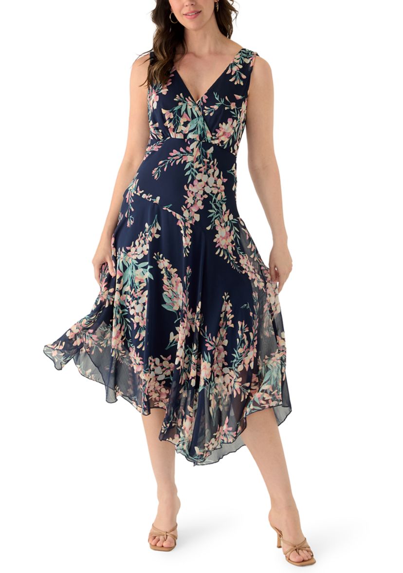 Connected Apparel Women's Sleeveless Printed A-Line Dress, Navy Blue, 10