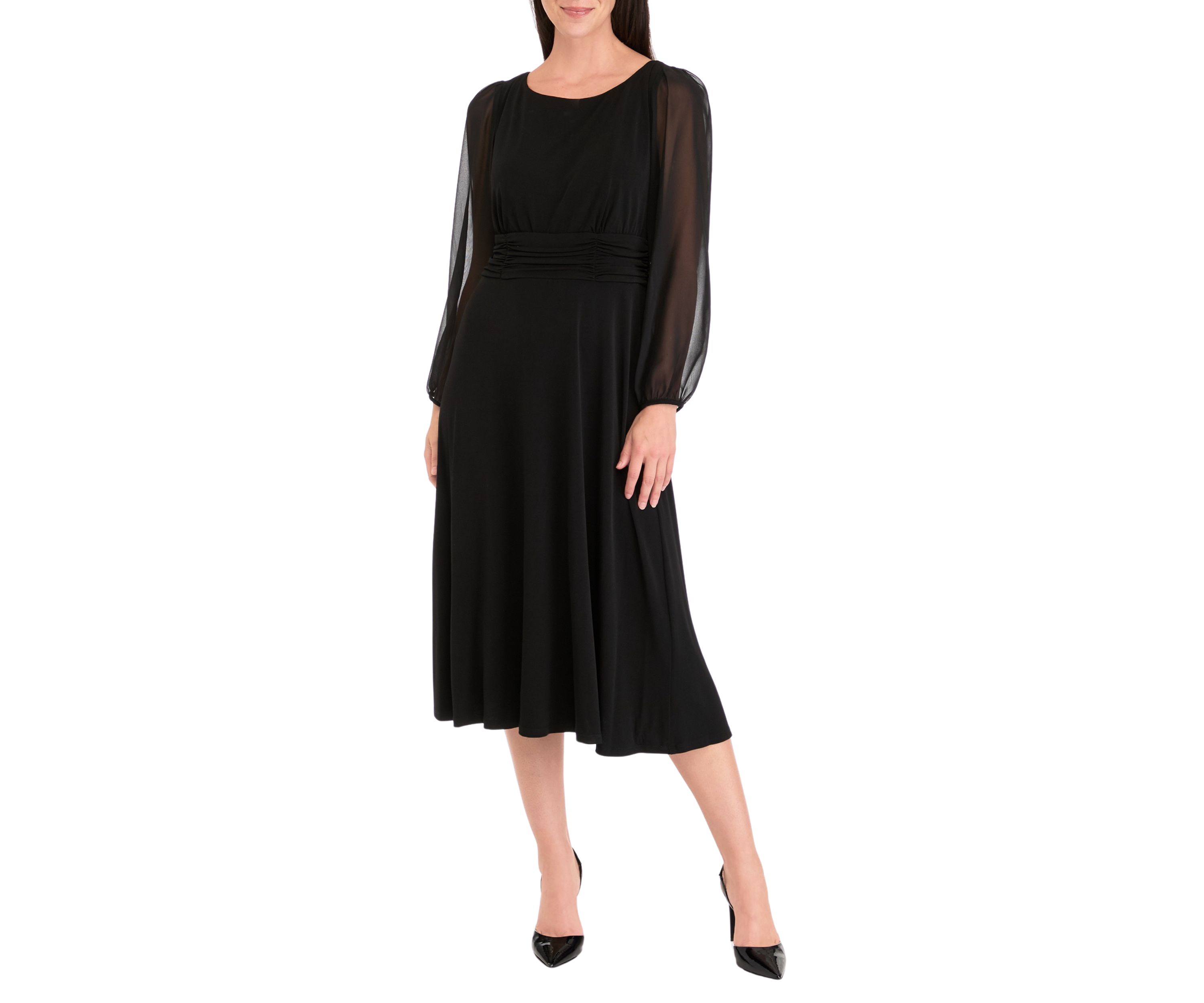 Womens Long Sleeve Crew Neck Solid Tie Waist Mesh Fit and Flare Dress