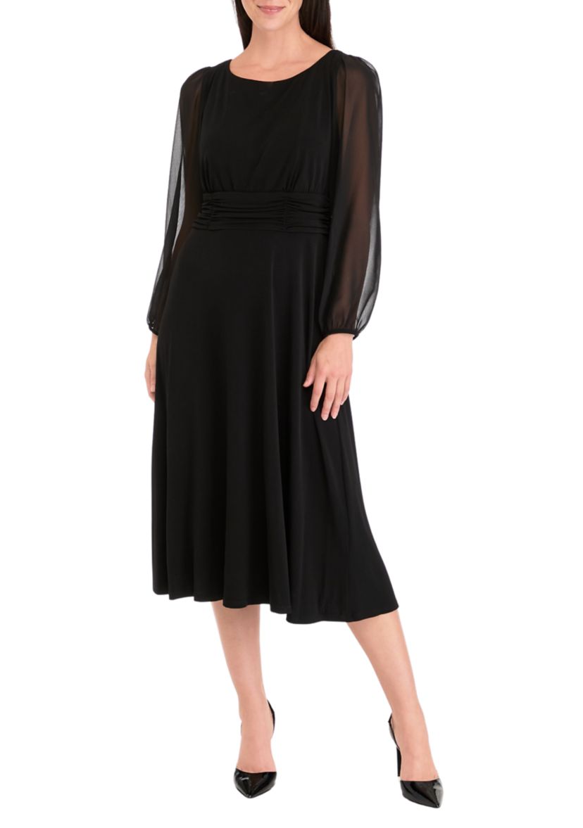Womens Long Sleeve Crew Neck Solid Tie Waist Mesh Fit and Flare Dress