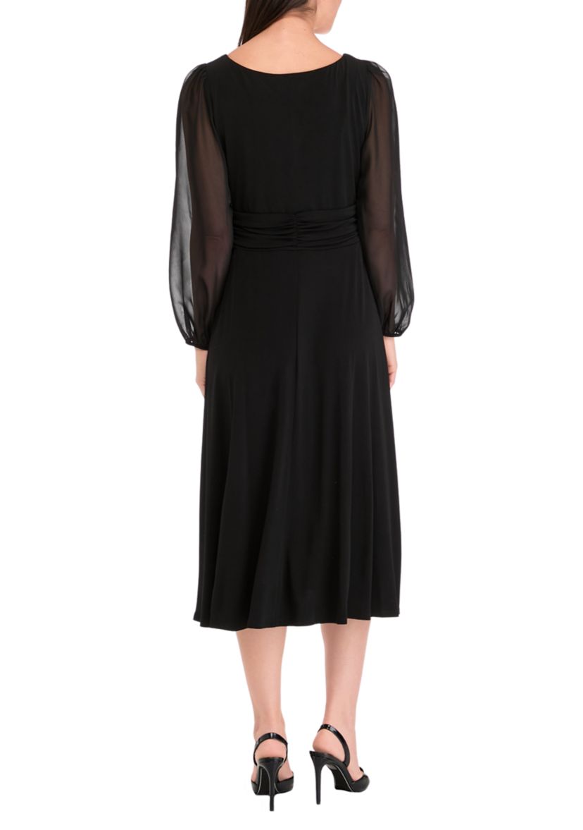 Womens Long Sleeve Crew Neck Solid Tie Waist Mesh Fit and Flare Dress