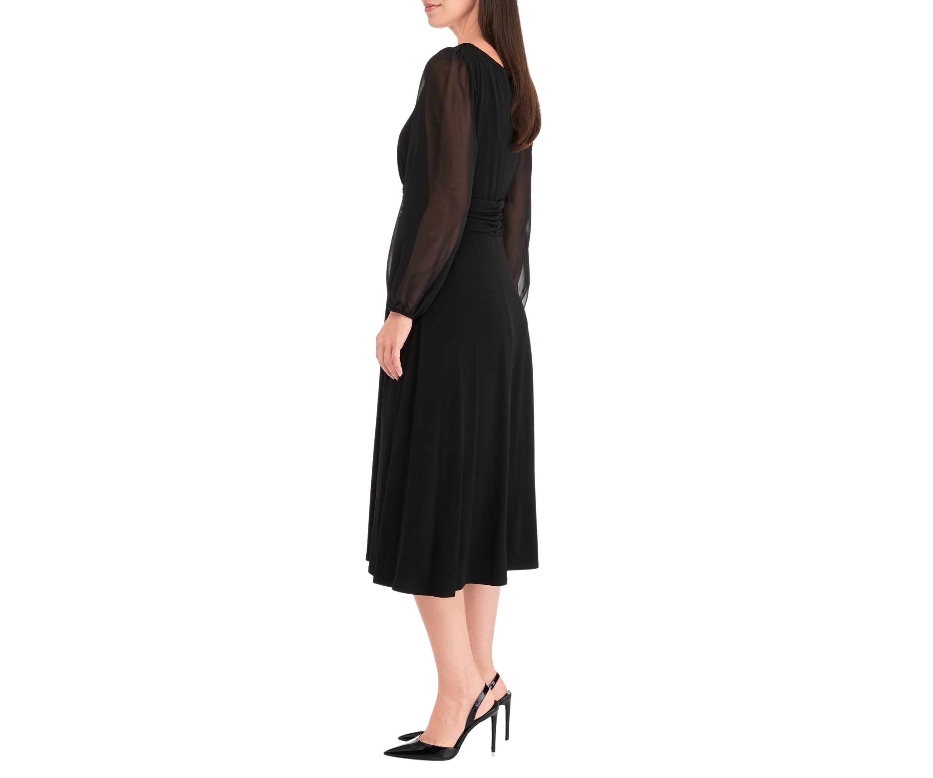 Womens Long Sleeve Crew Neck Solid Tie Waist Mesh Fit and Flare Dress