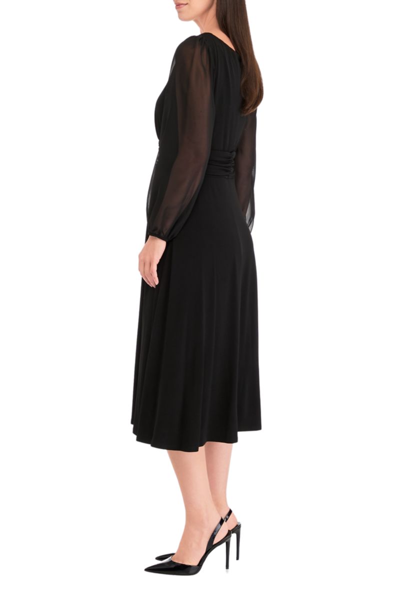 Womens Long Sleeve Crew Neck Solid Tie Waist Mesh Fit and Flare Dress