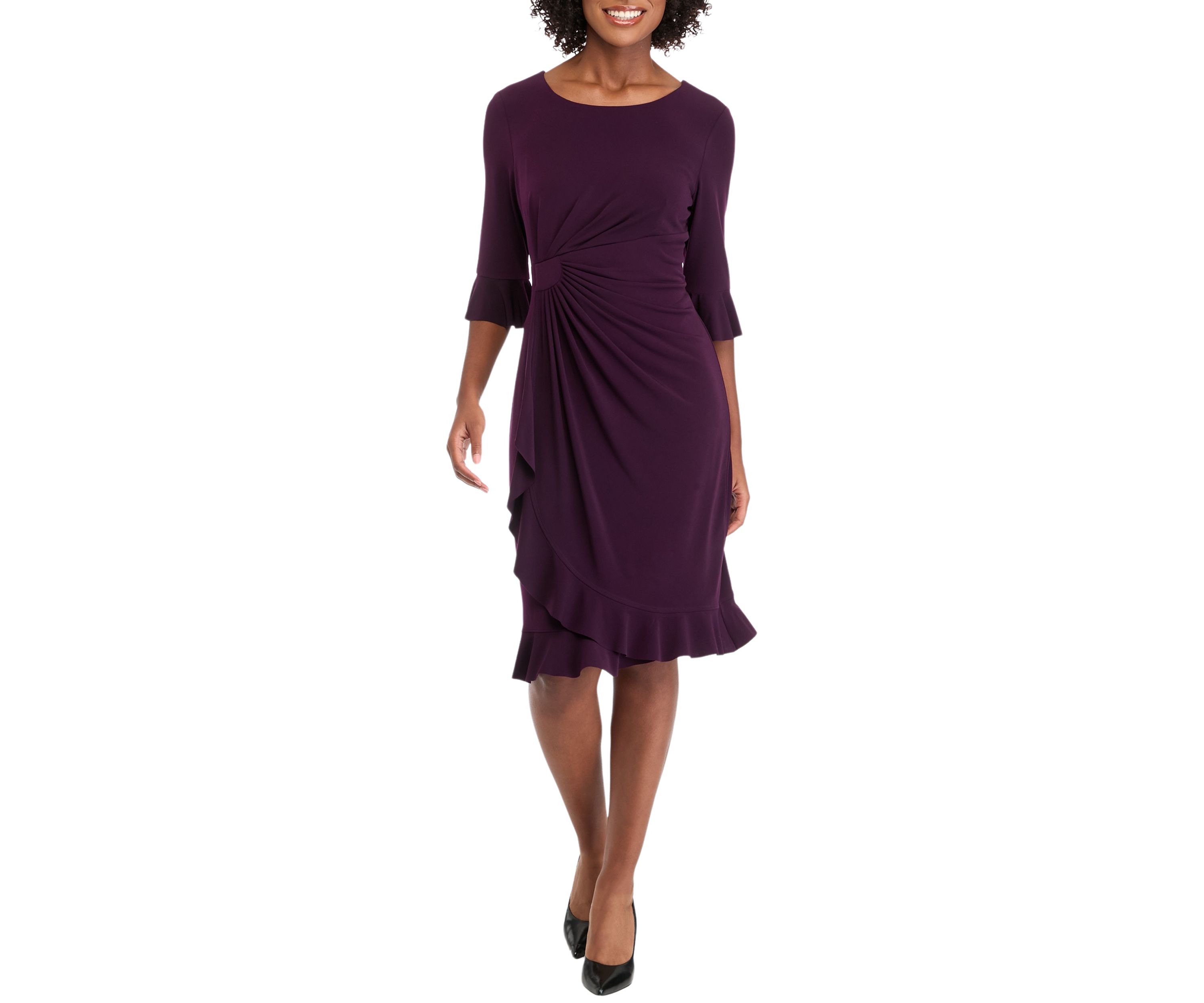 Womens 3/4 Ruffle Sleeve Solid Side Ruch Sheath Dress