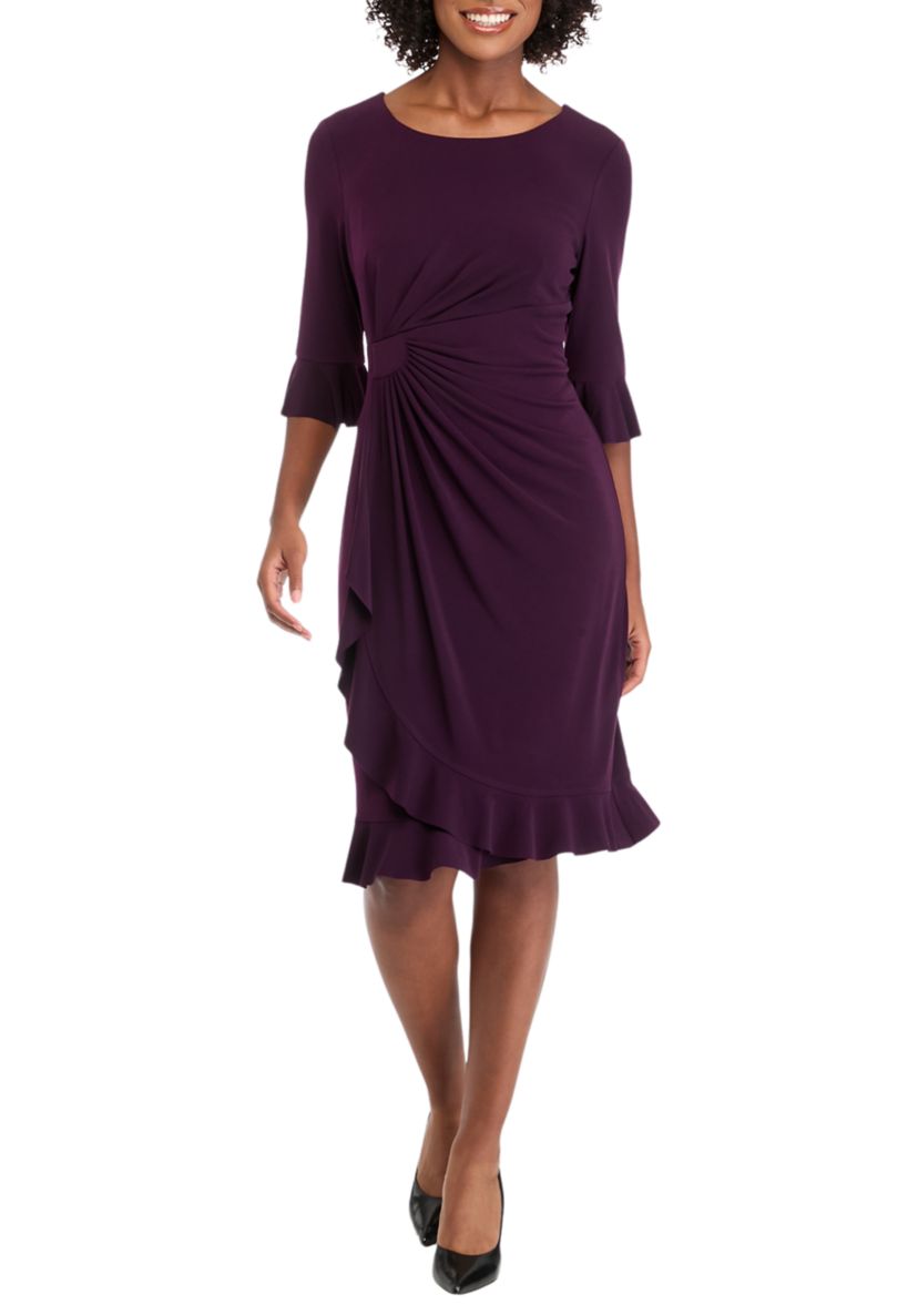 Womens 3/4 Ruffle Sleeve Solid Side Ruch Sheath Dress