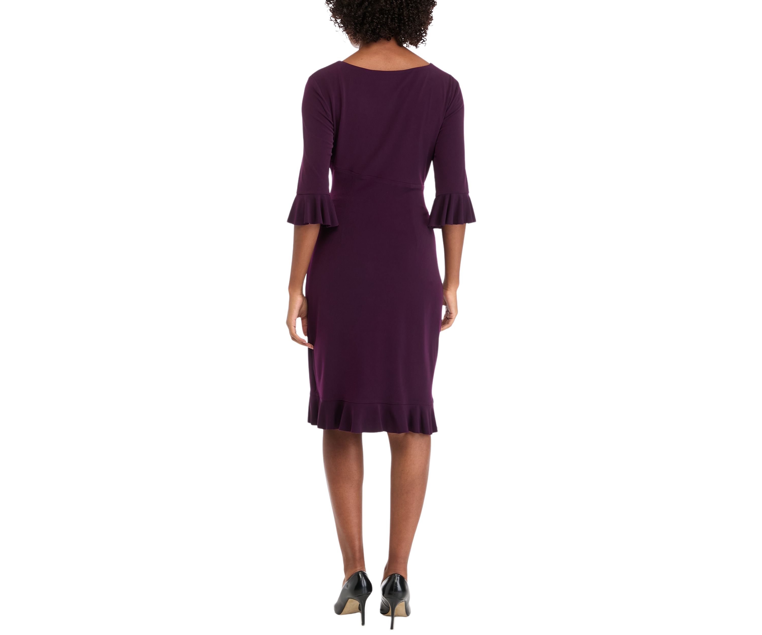 Womens 3/4 Ruffle Sleeve Solid Side Ruch Sheath Dress