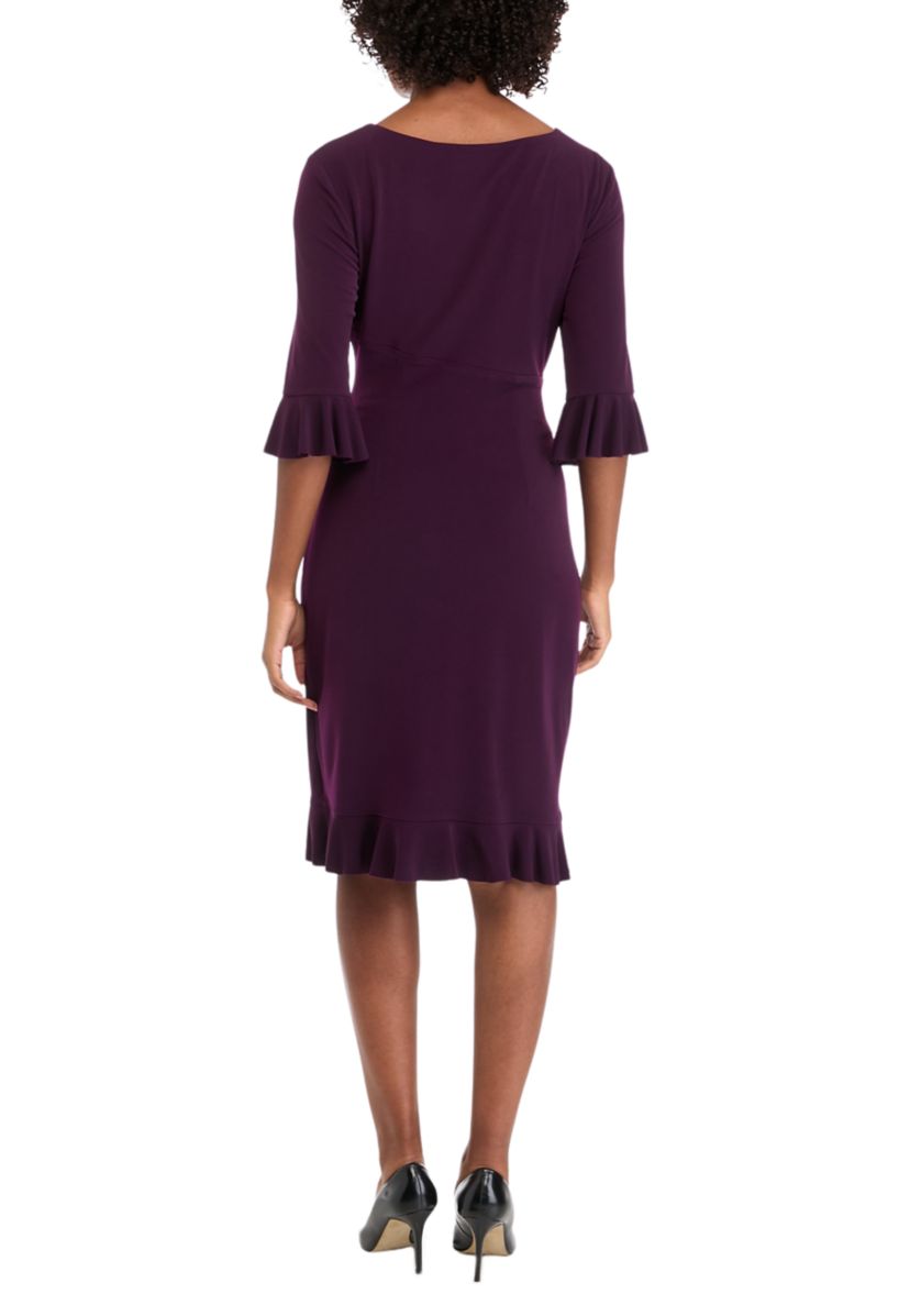 Womens 3/4 Ruffle Sleeve Solid Side Ruch Sheath Dress