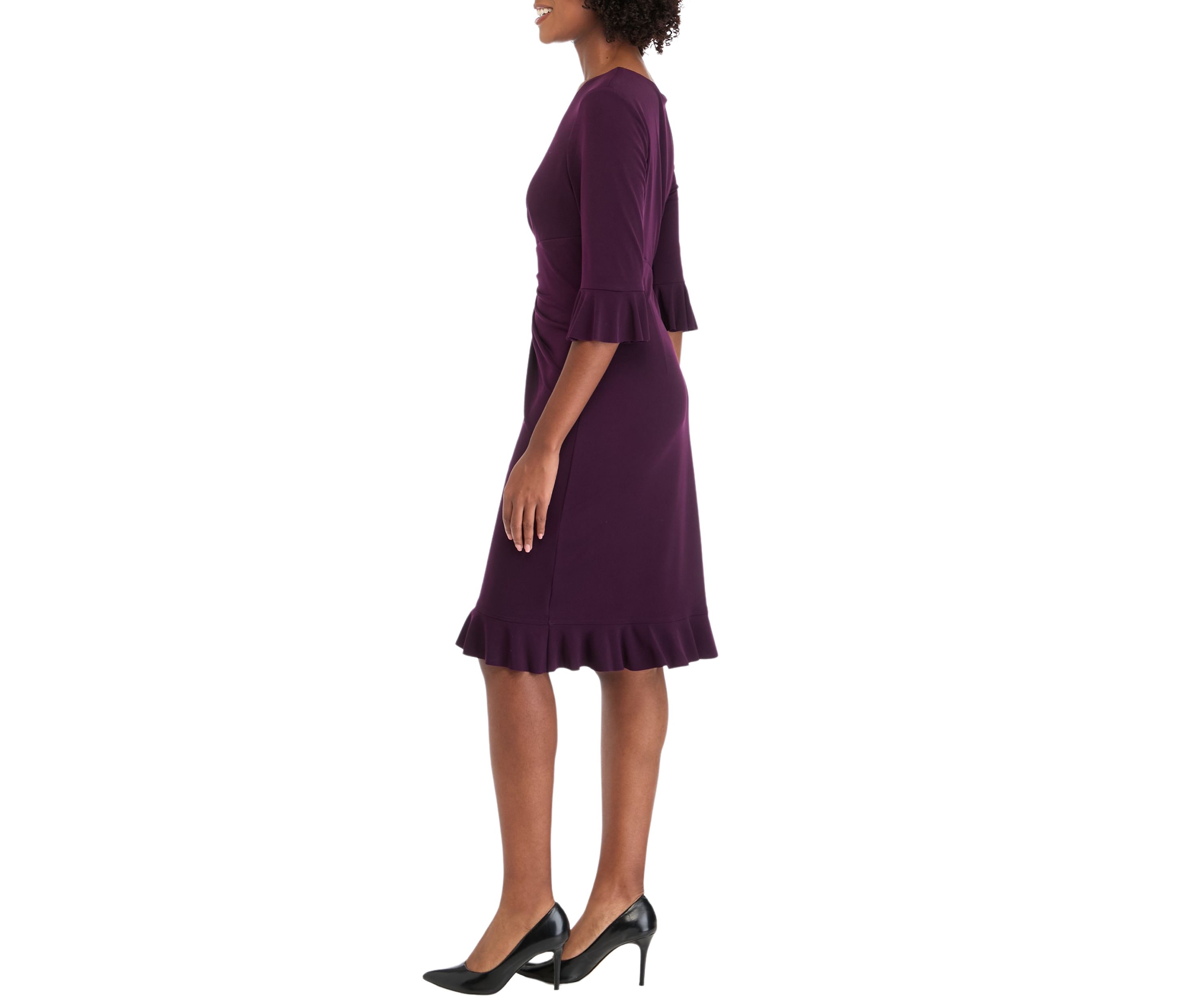 Womens 3/4 Ruffle Sleeve Solid Side Ruch Sheath Dress
