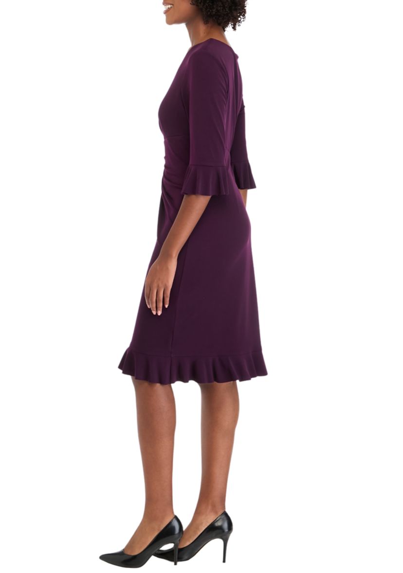 Womens 3/4 Ruffle Sleeve Solid Side Ruch Sheath Dress
