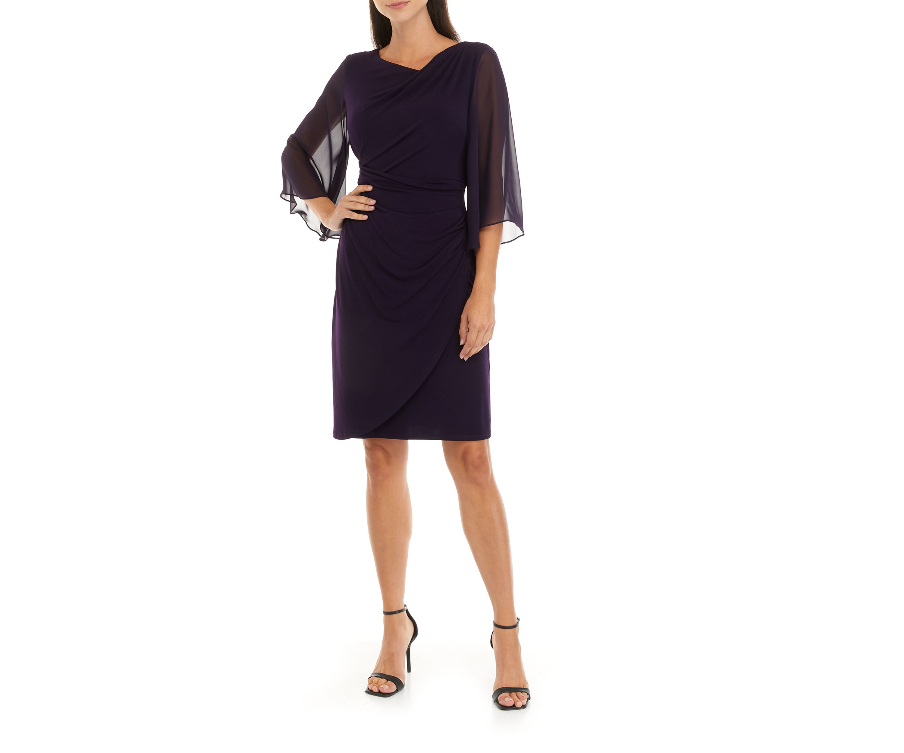Womens 3/4 Sleeve Solid Draped Sheath Dress