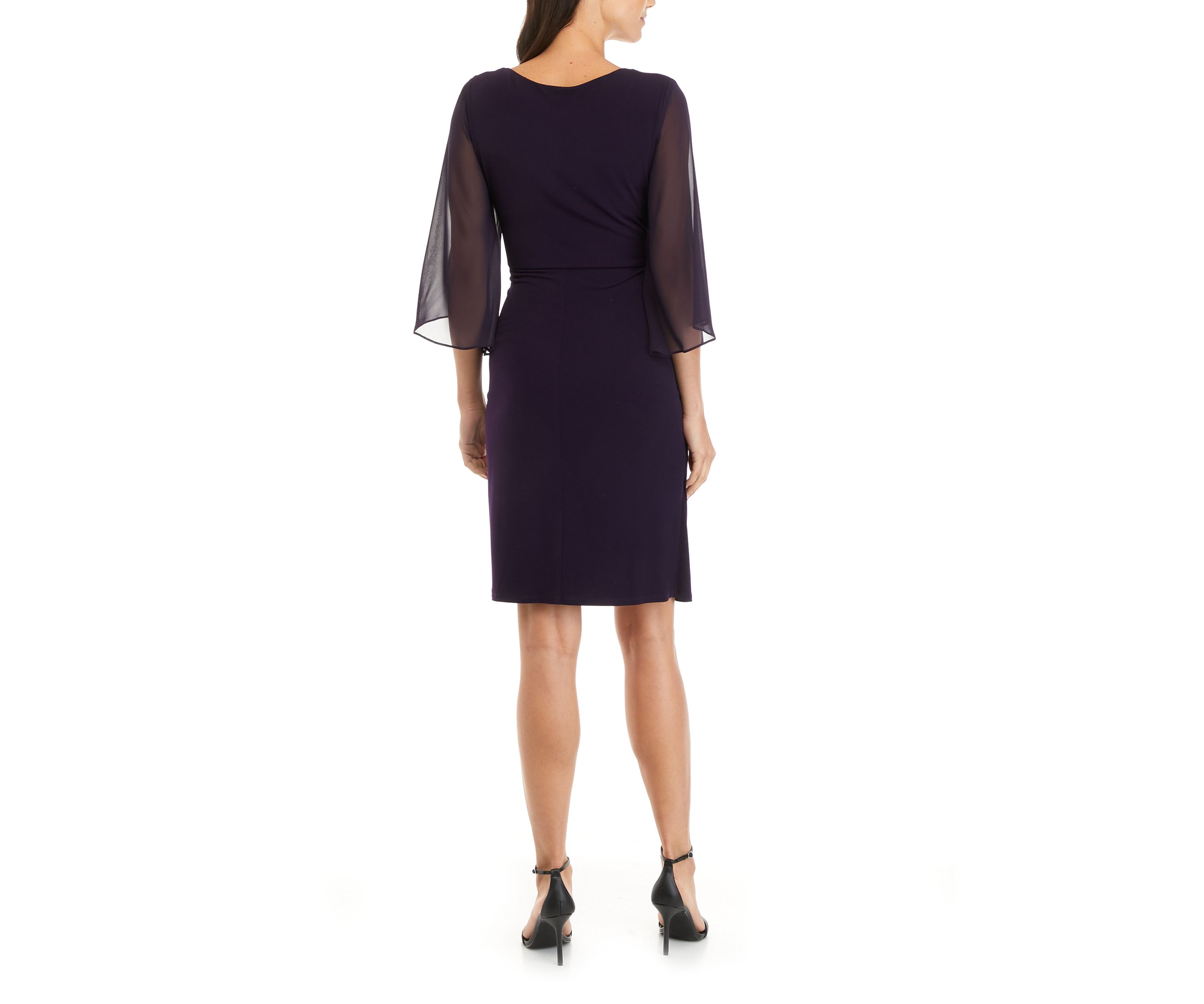 Womens 3/4 Sleeve Solid Draped Sheath Dress