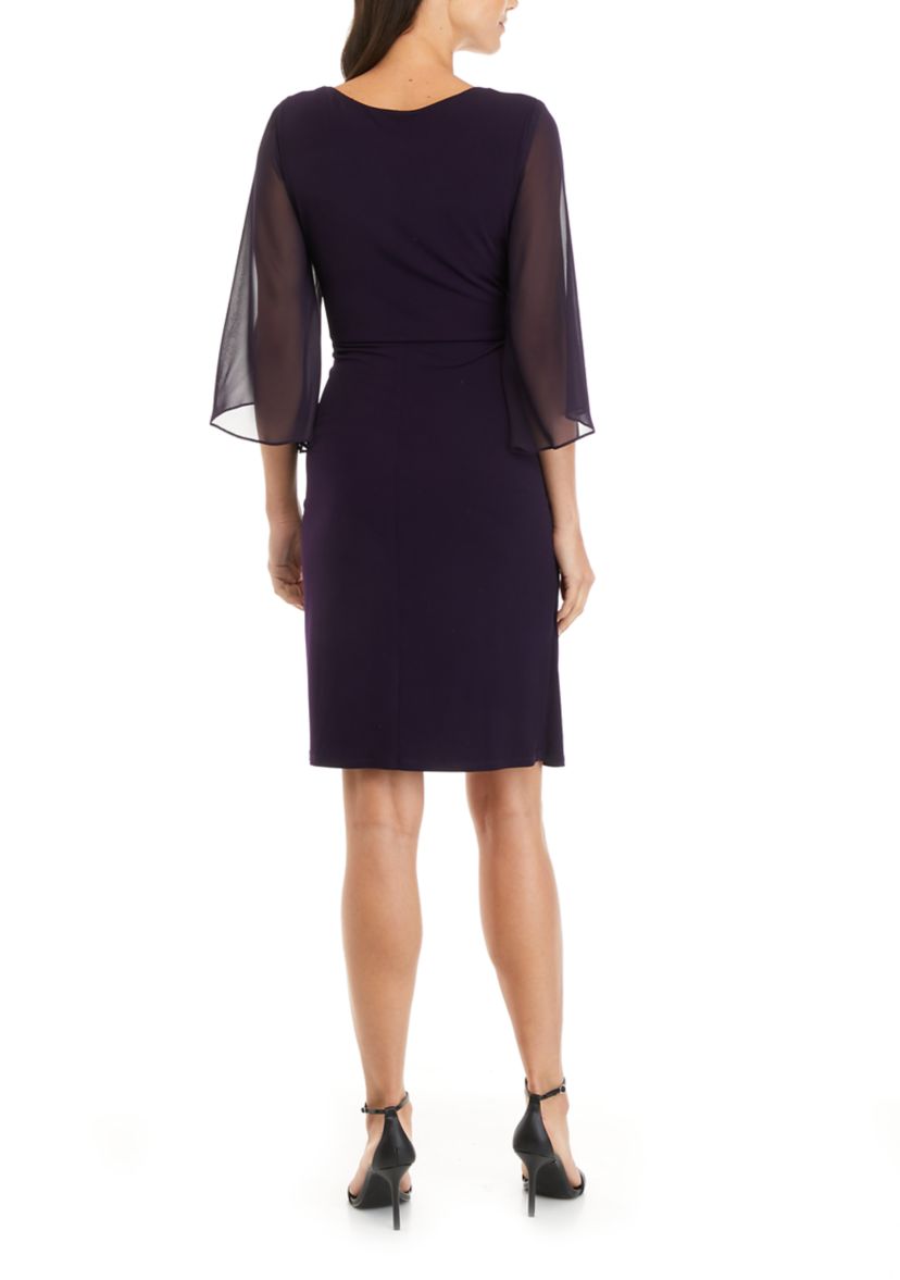 Womens 3/4 Sleeve Solid Draped Sheath Dress