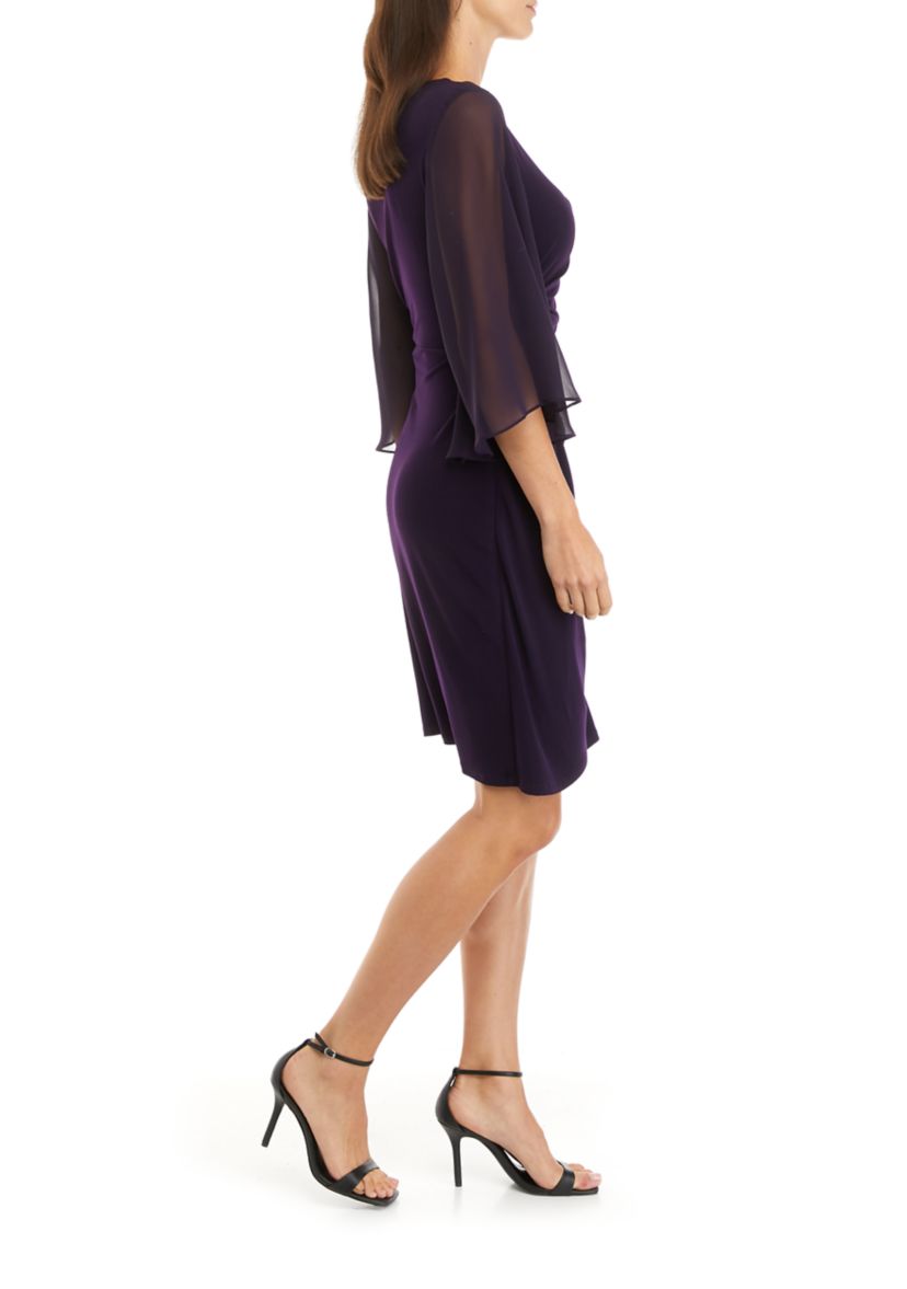 Womens 3/4 Sleeve Solid Draped Sheath Dress