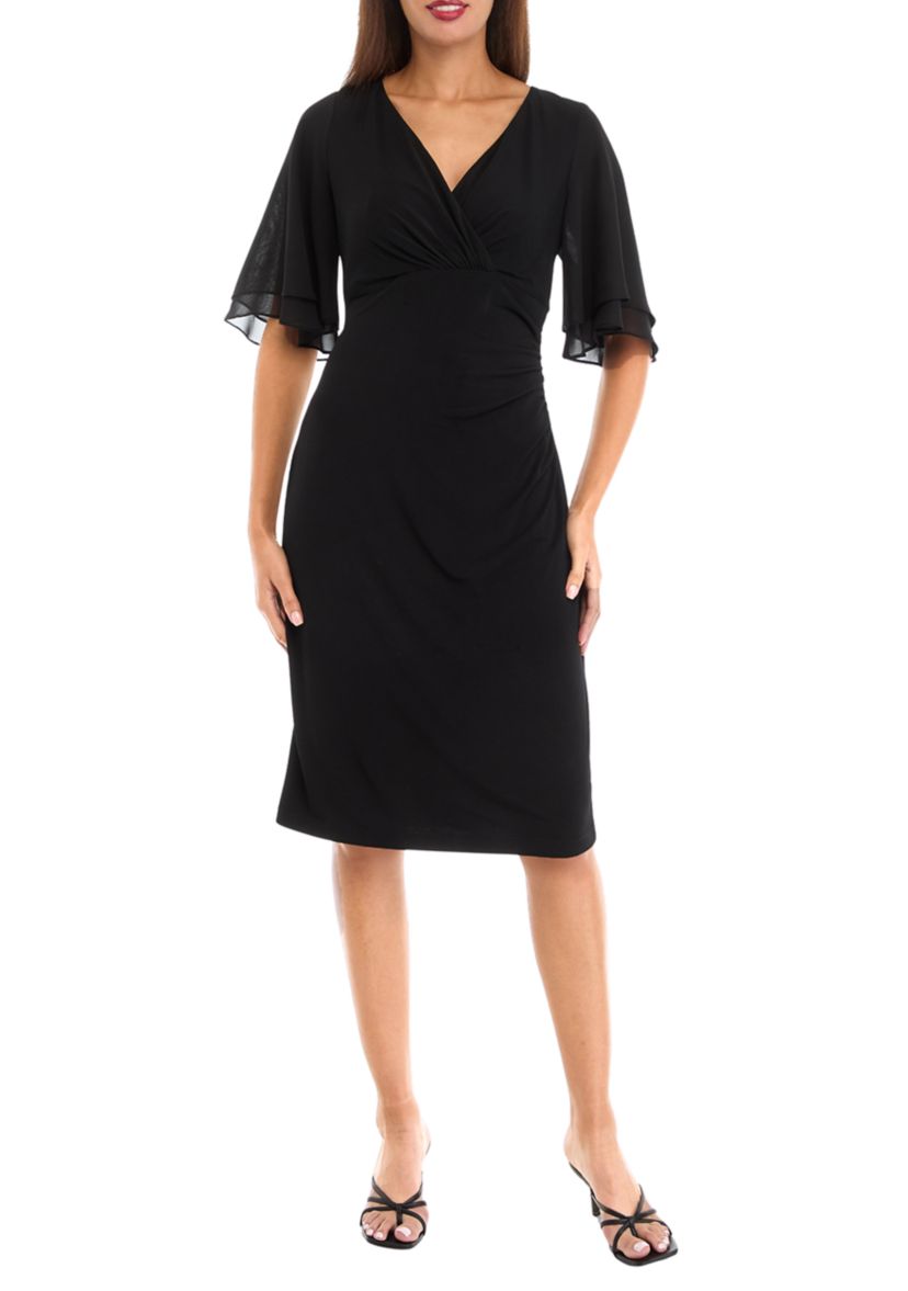 Womens Short Sleeve V-Neck Solid Sheath Dress