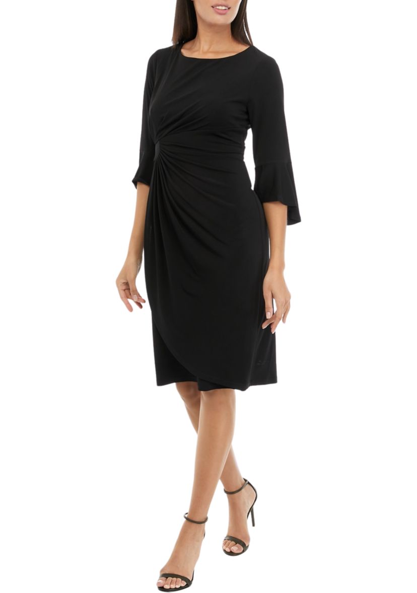 Solid Side Ruched Bell Sleeve Dress
