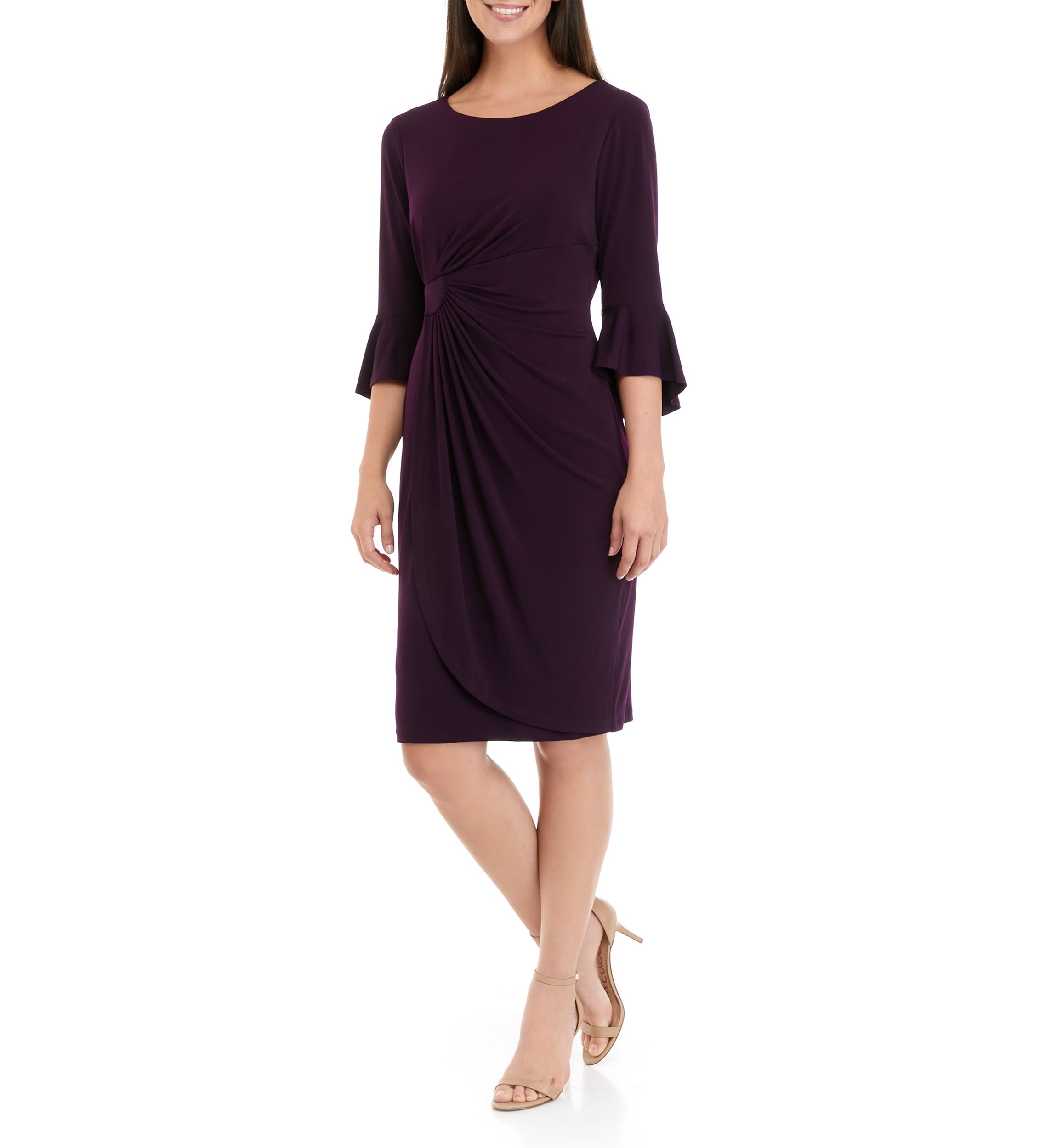 Solid Side Ruched Bell Sleeve Dress