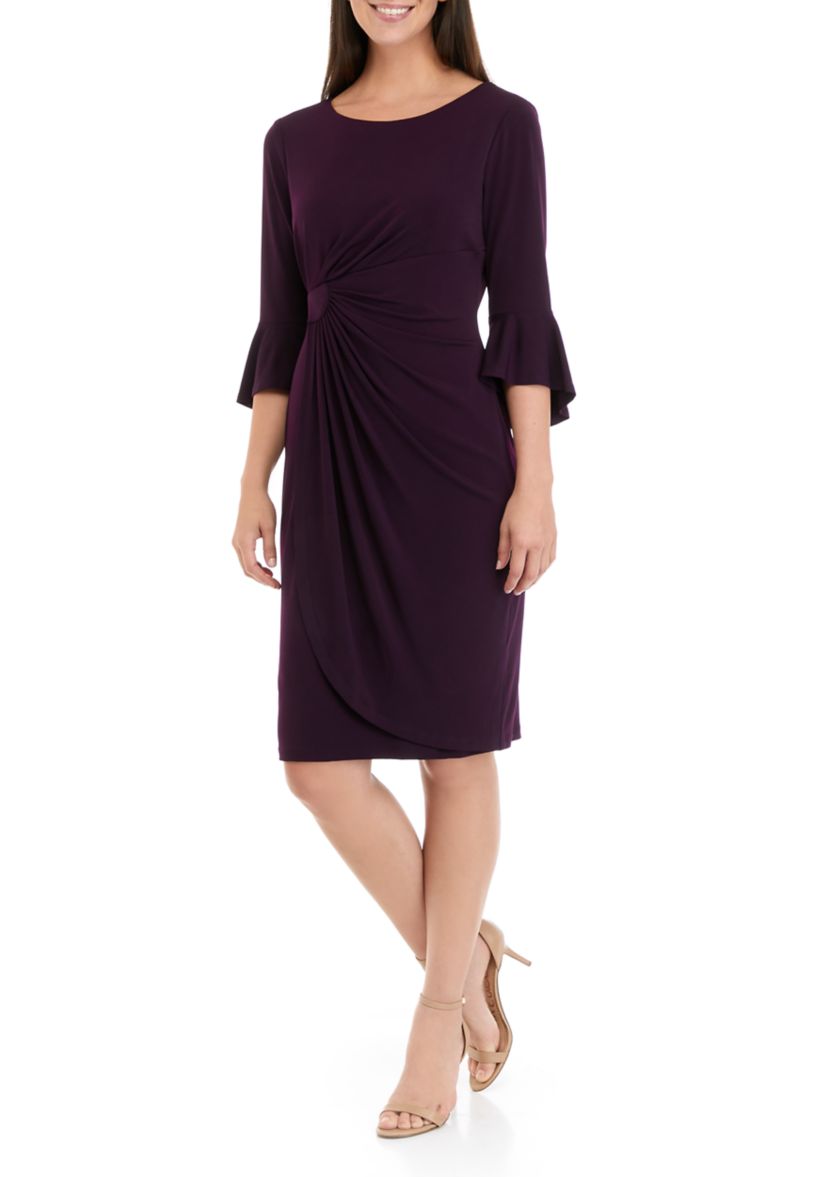 Solid Side Ruched Bell Sleeve Dress