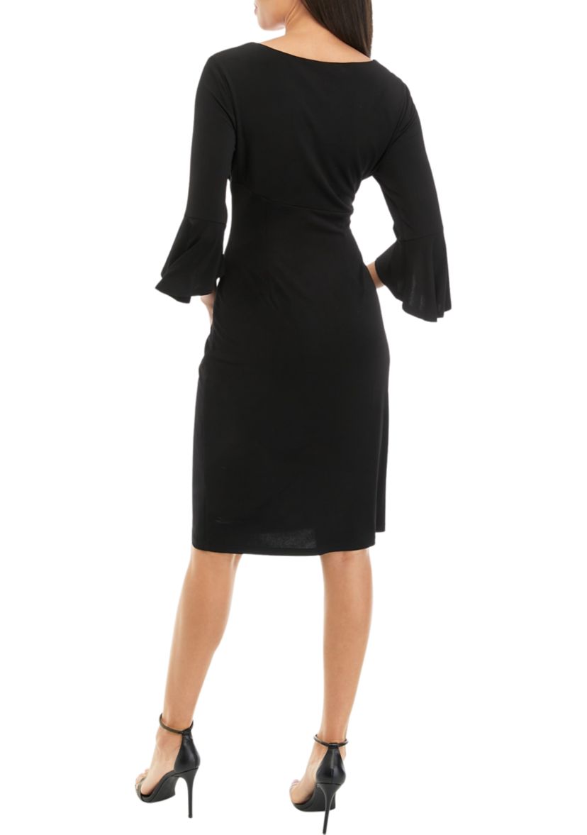 Solid Side Ruched Bell Sleeve Dress