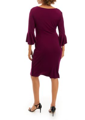 Connected Apparel Solid Side Ruched Bell Sleeve Dress belk