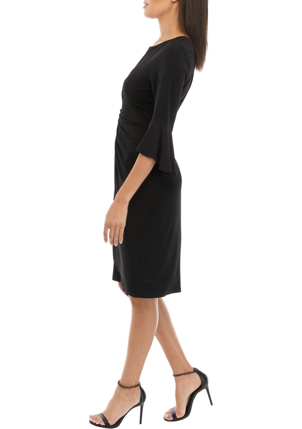 Solid Side Ruched Bell Sleeve Dress