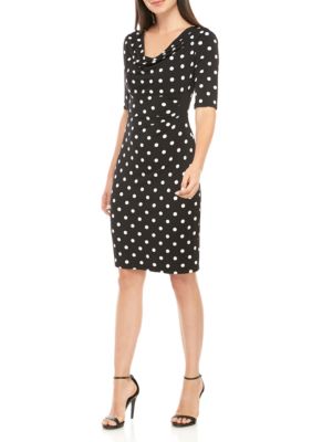 Connected Apparel Elbow Sleeve Drape Neck Polka Dot Dress | belk