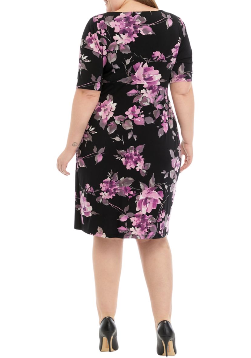 Plus Size Elbow Sleeve Floral Print Side Ruched Sheath Dress