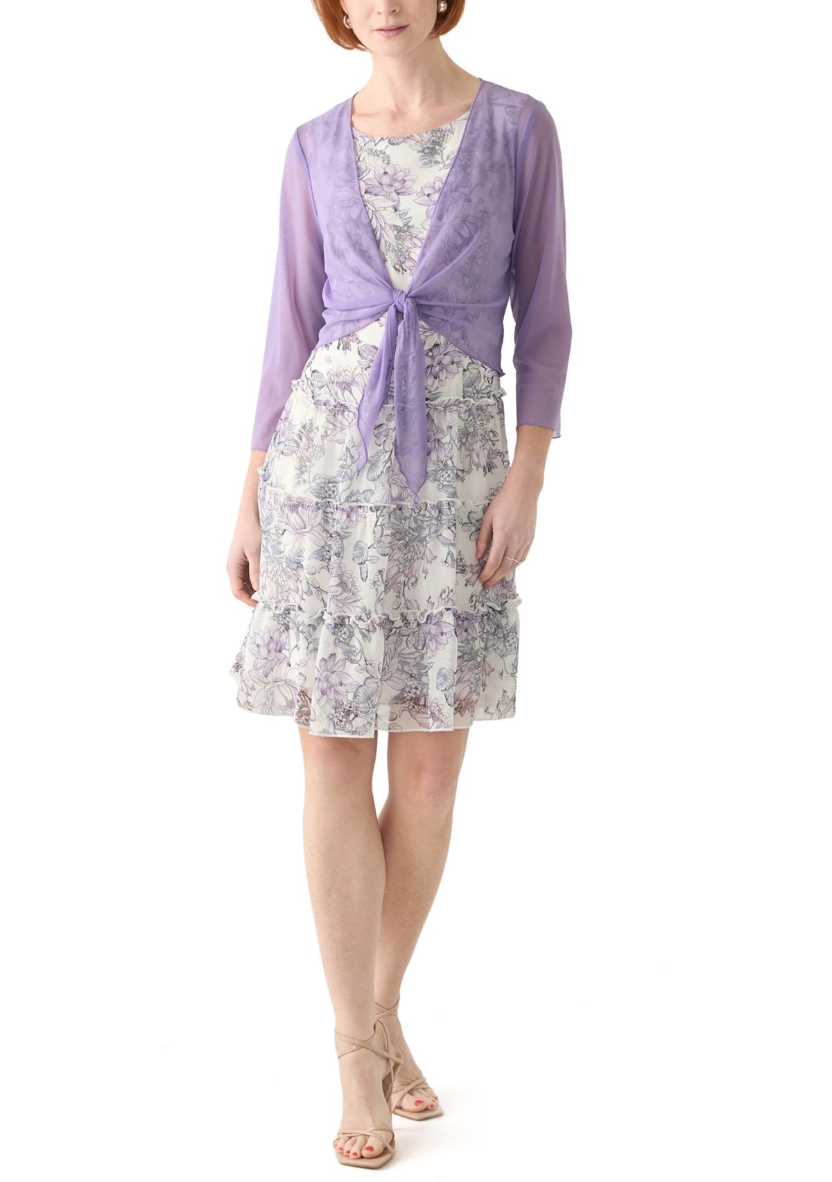 Womens 3/4 Sleeve Crew Neck Floral Print Jacket Dress