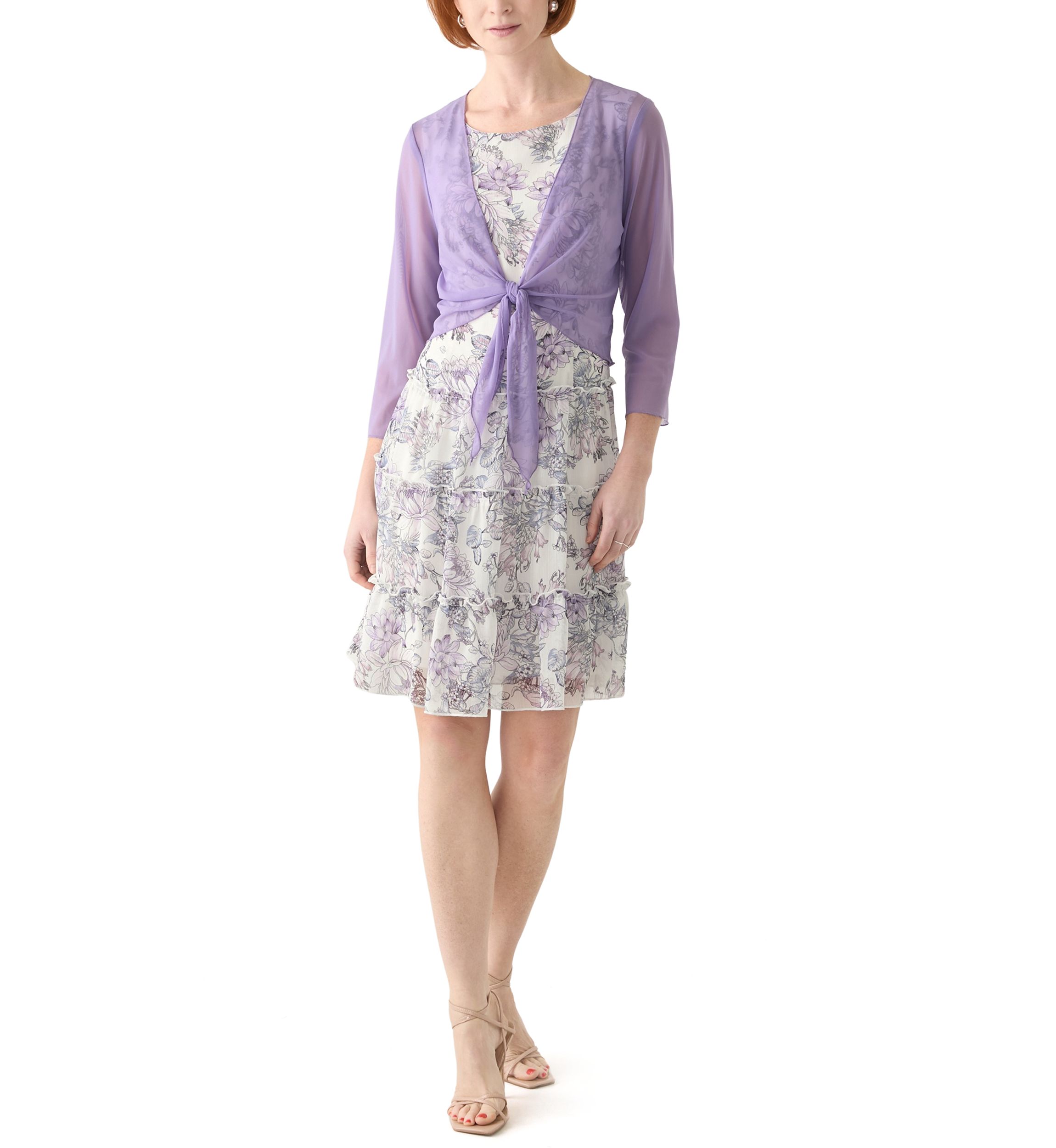 Womens 3/4 Sleeve Crew Neck Floral Print Jacket Dress