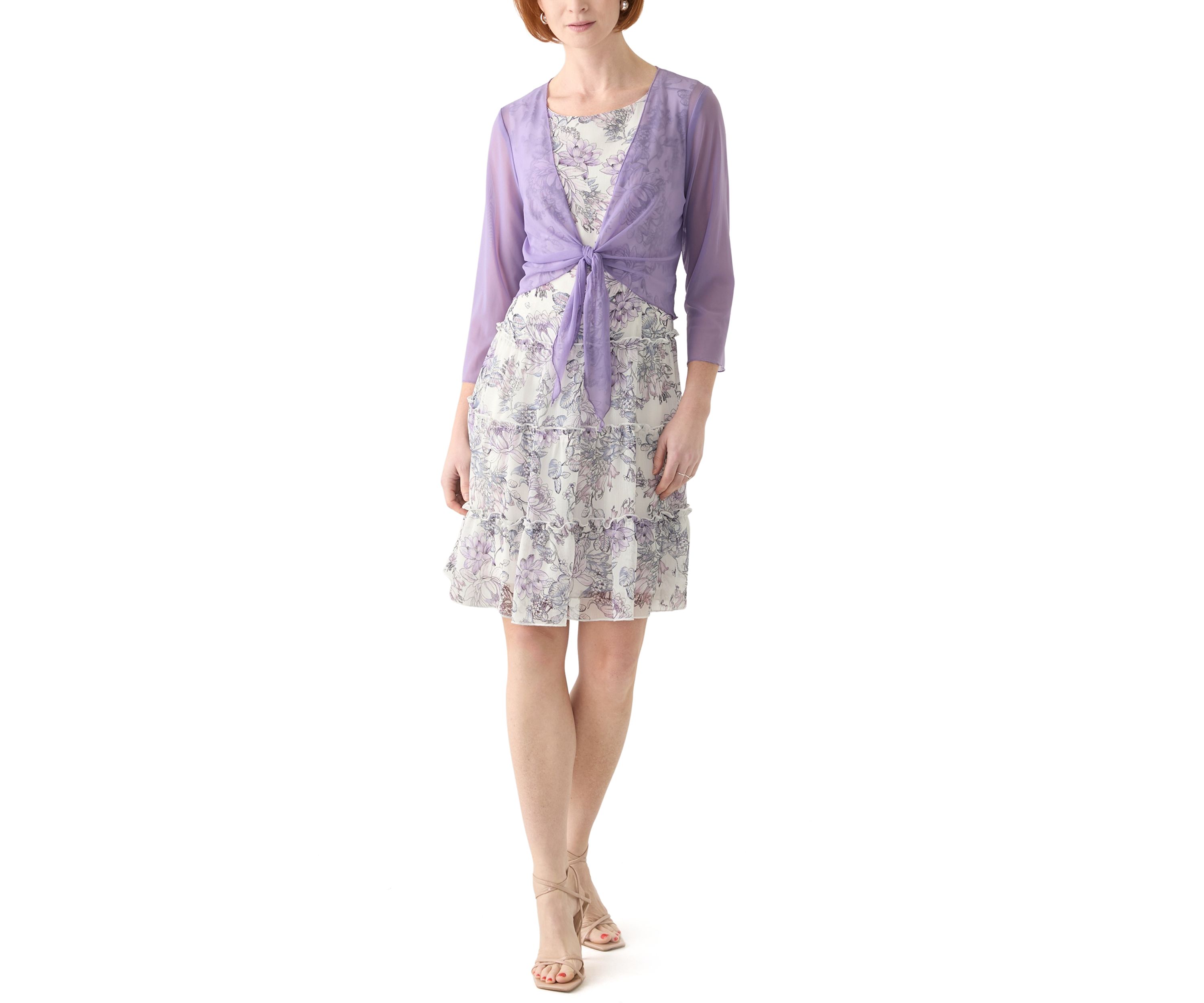 Womens 3/4 Sleeve Crew Neck Floral Print Jacket Dress