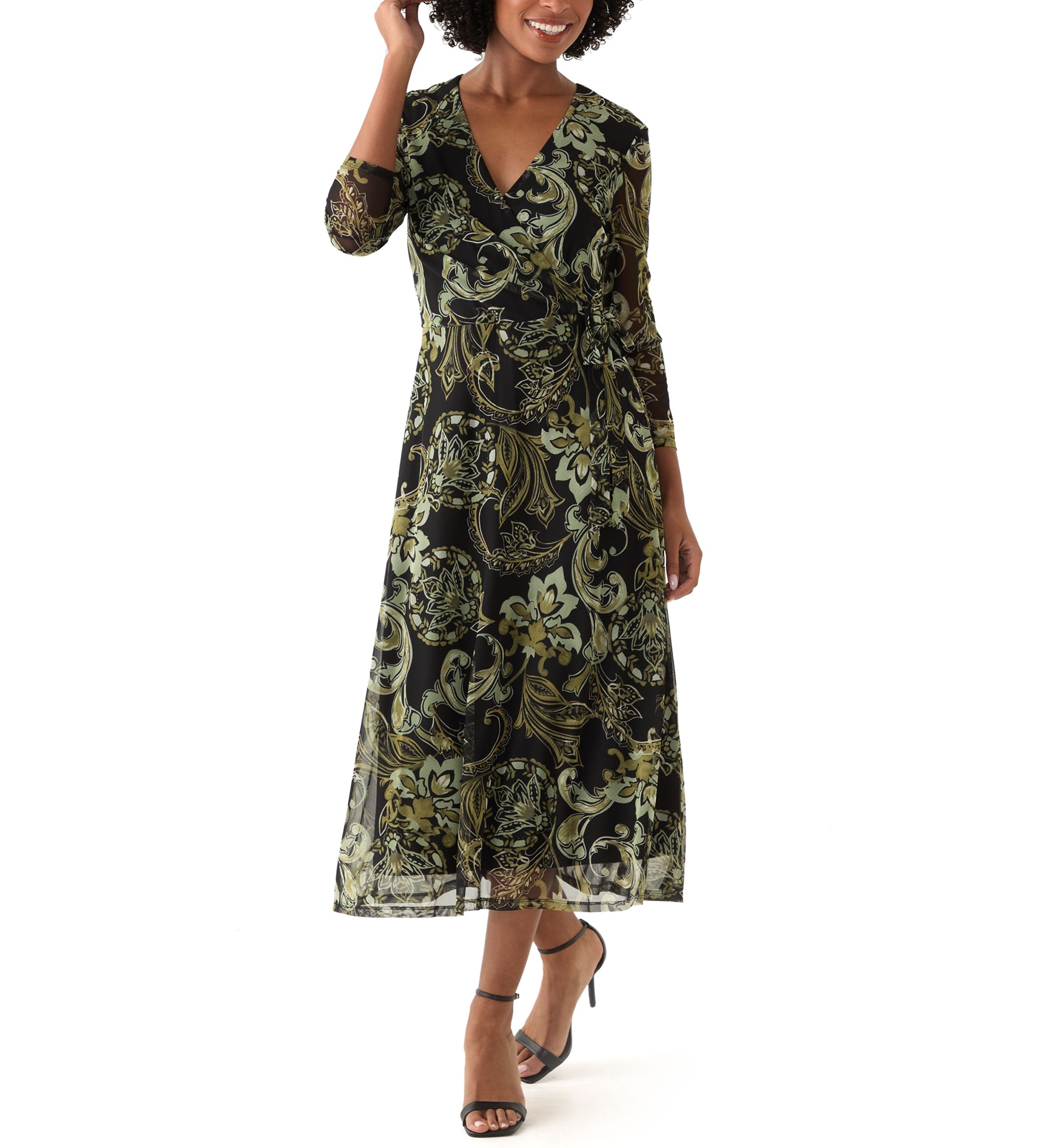 Womens Long Sleeve V-Neck Paisley A-Line Dress