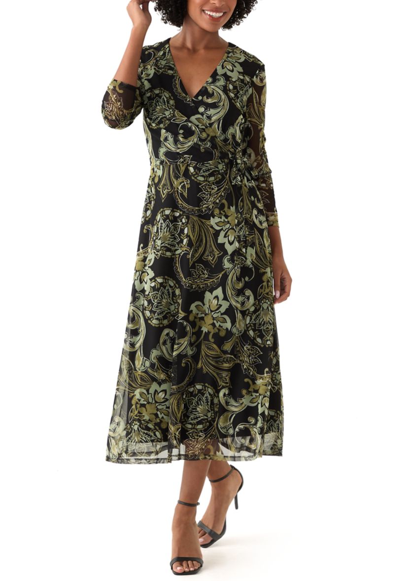 Womens Long Sleeve V-Neck Paisley A-Line Dress