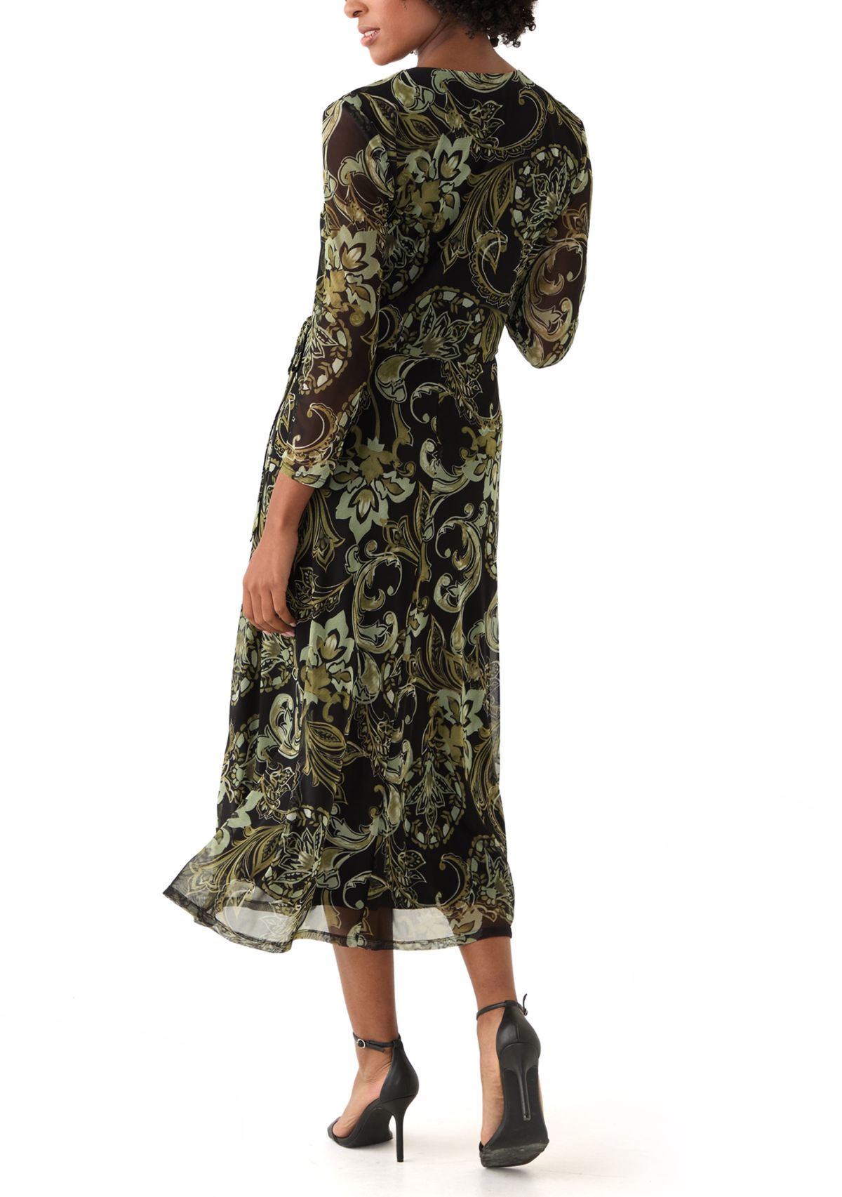 Womens Long Sleeve V-Neck Paisley A-Line Dress