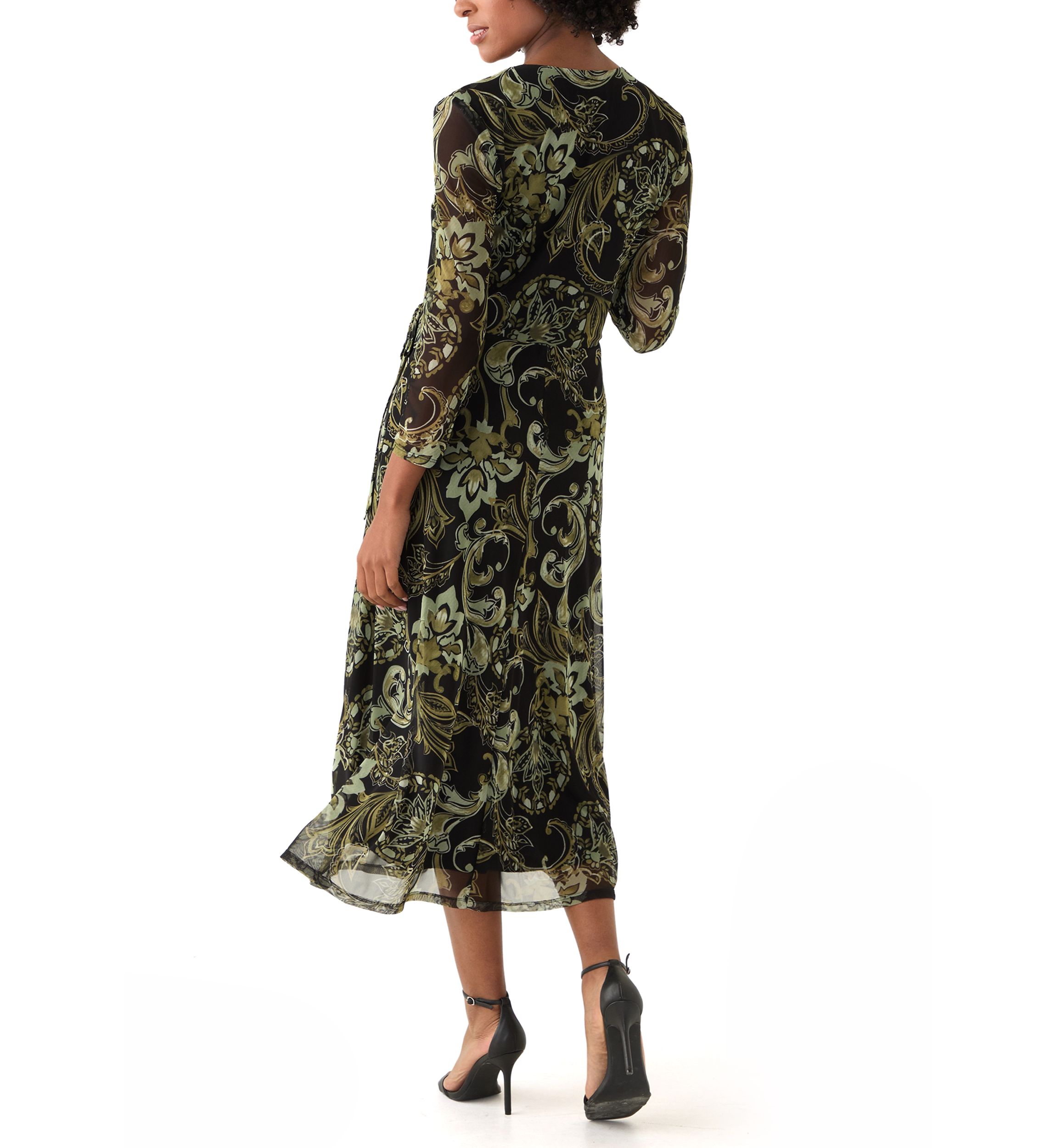 Womens Long Sleeve V-Neck Paisley A-Line Dress