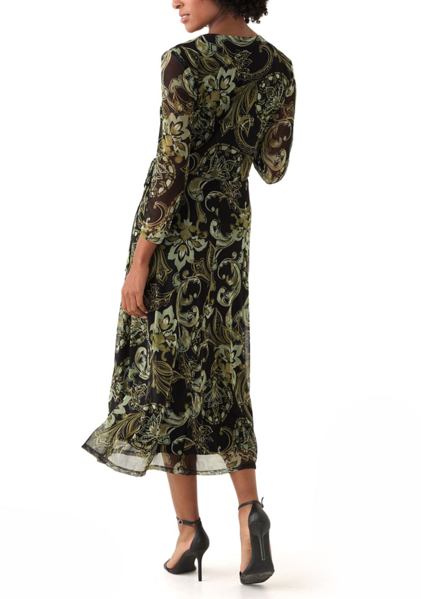 Womens Long Sleeve V-Neck Paisley A-Line Dress