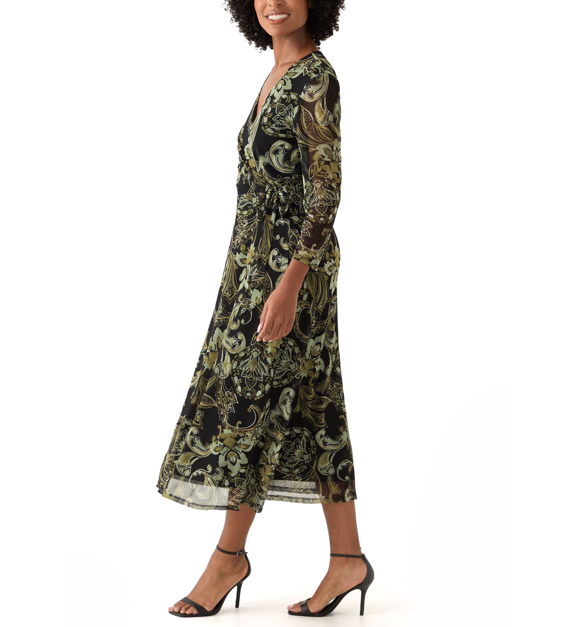 Womens Long Sleeve V-Neck Paisley A-Line Dress