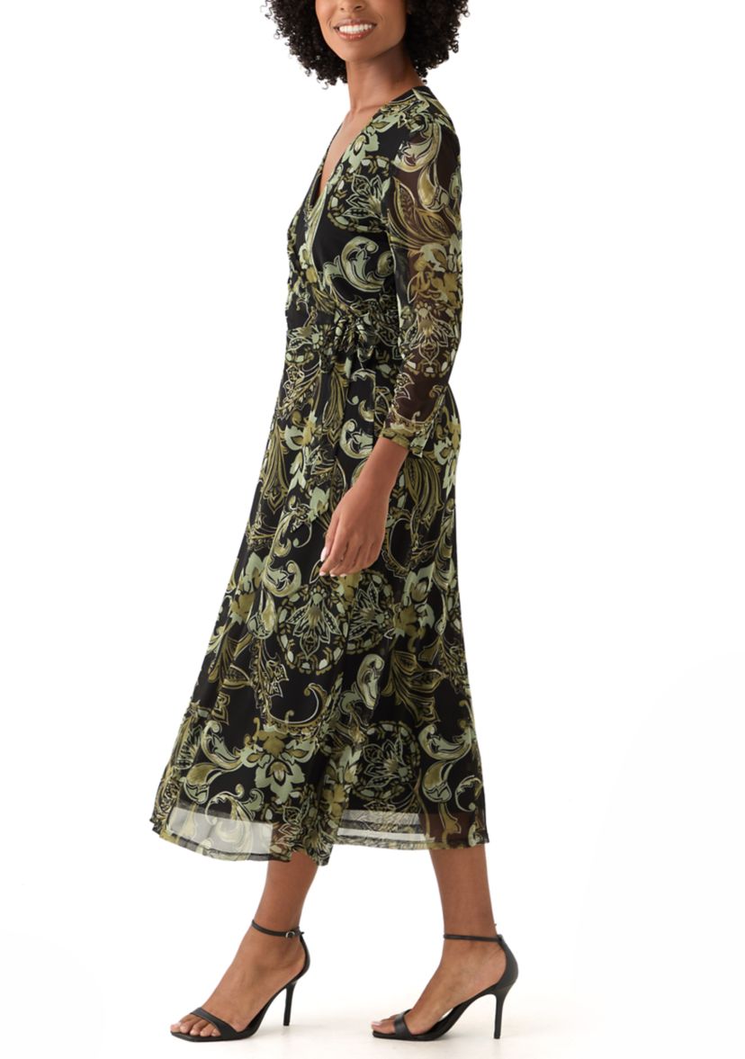 Womens Long Sleeve V-Neck Paisley A-Line Dress