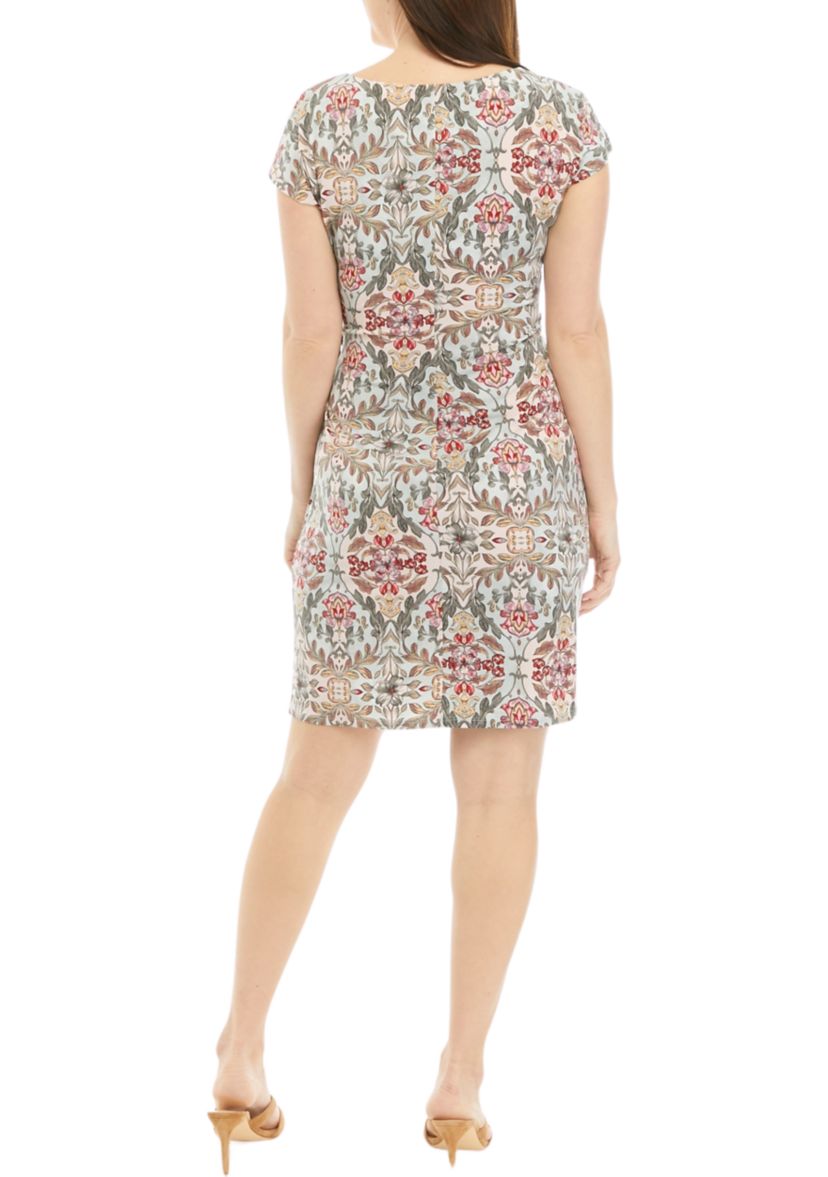 Womens Side Knot Medallion Print Sheath Dress