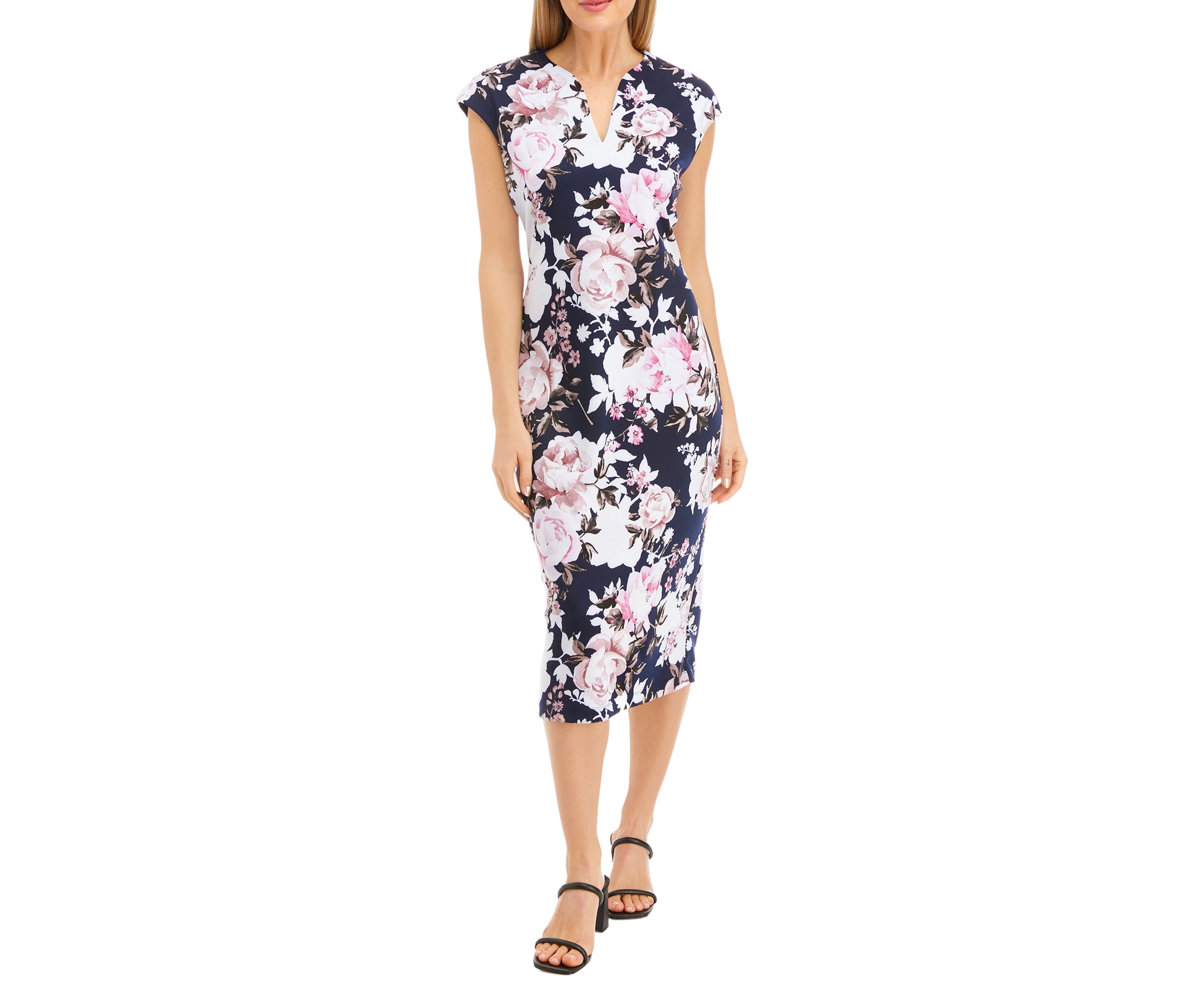 Womens Cap Sleeve Split Neck Floral Print Midi Sheath Dress