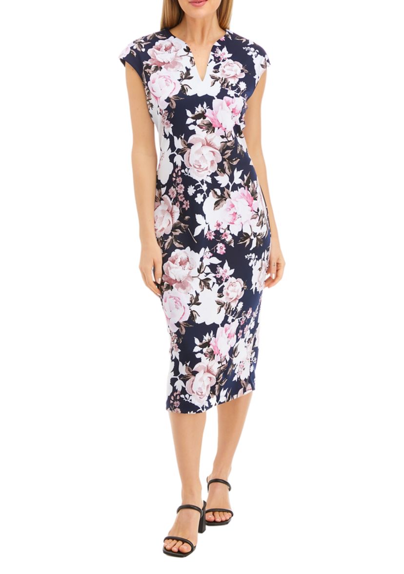 Womens Cap Sleeve Split Neck Floral Print Midi Sheath Dress