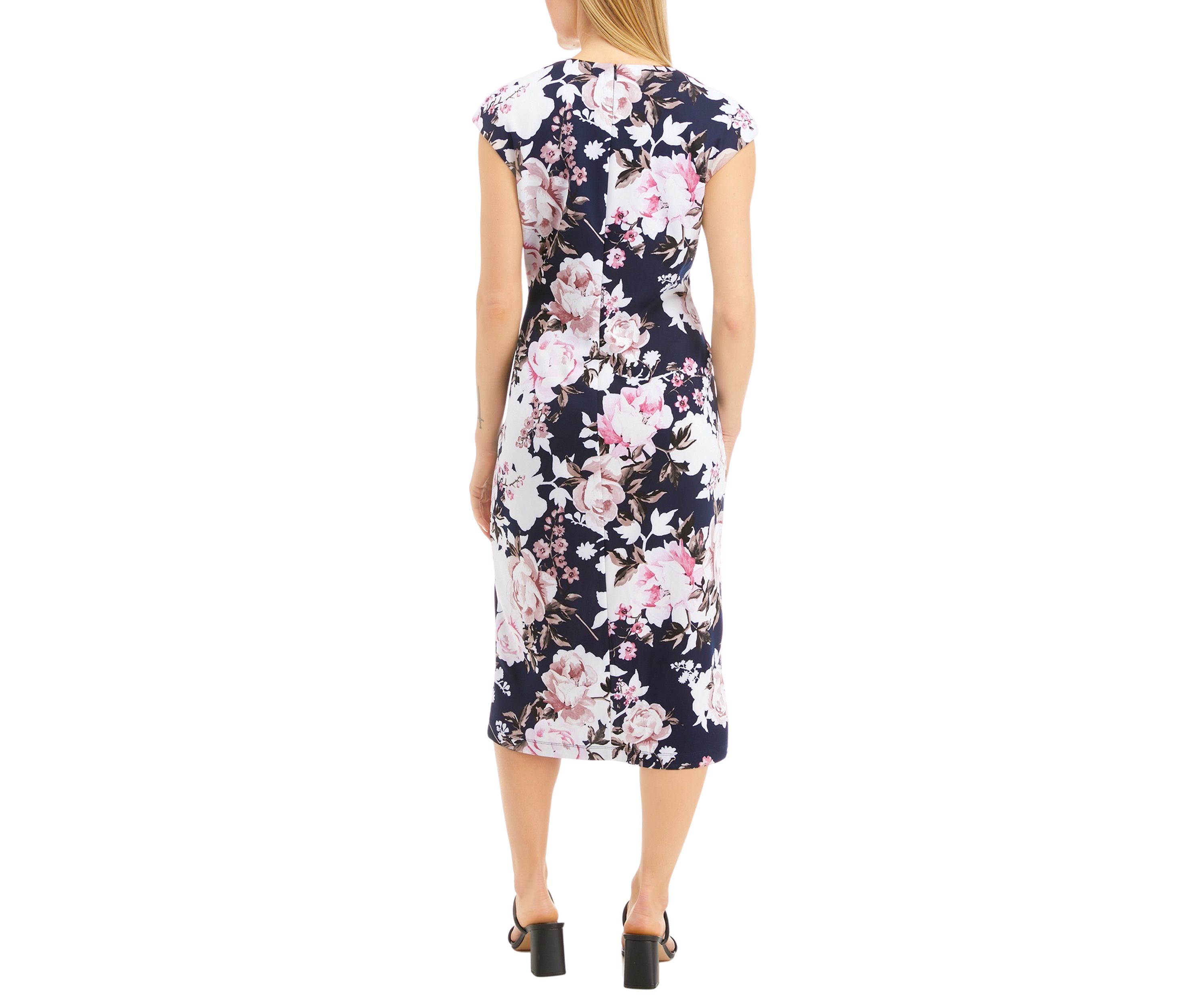 Womens Cap Sleeve Split Neck Floral Print Midi Sheath Dress