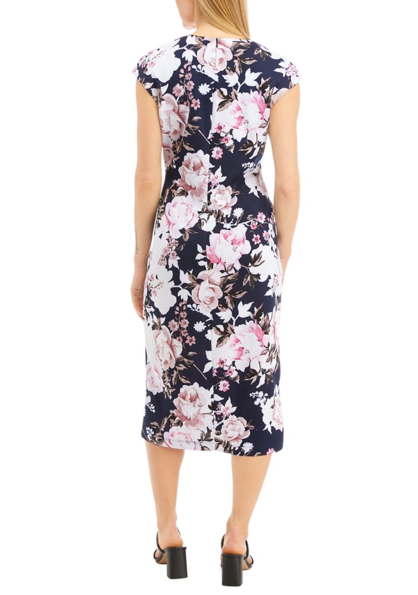 Womens Cap Sleeve Split Neck Floral Print Midi Sheath Dress
