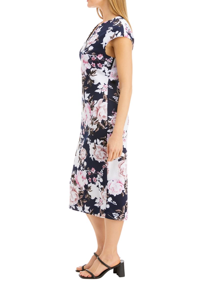 Womens Cap Sleeve Split Neck Floral Print Midi Sheath Dress